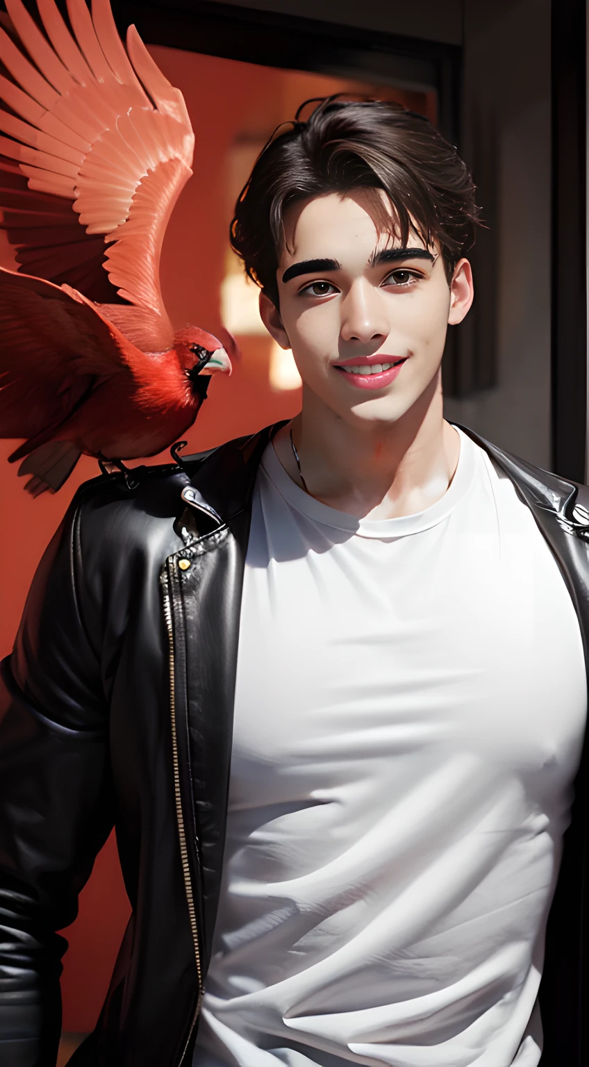 A young cute handsome skinny shirtless tall man with a red parrot