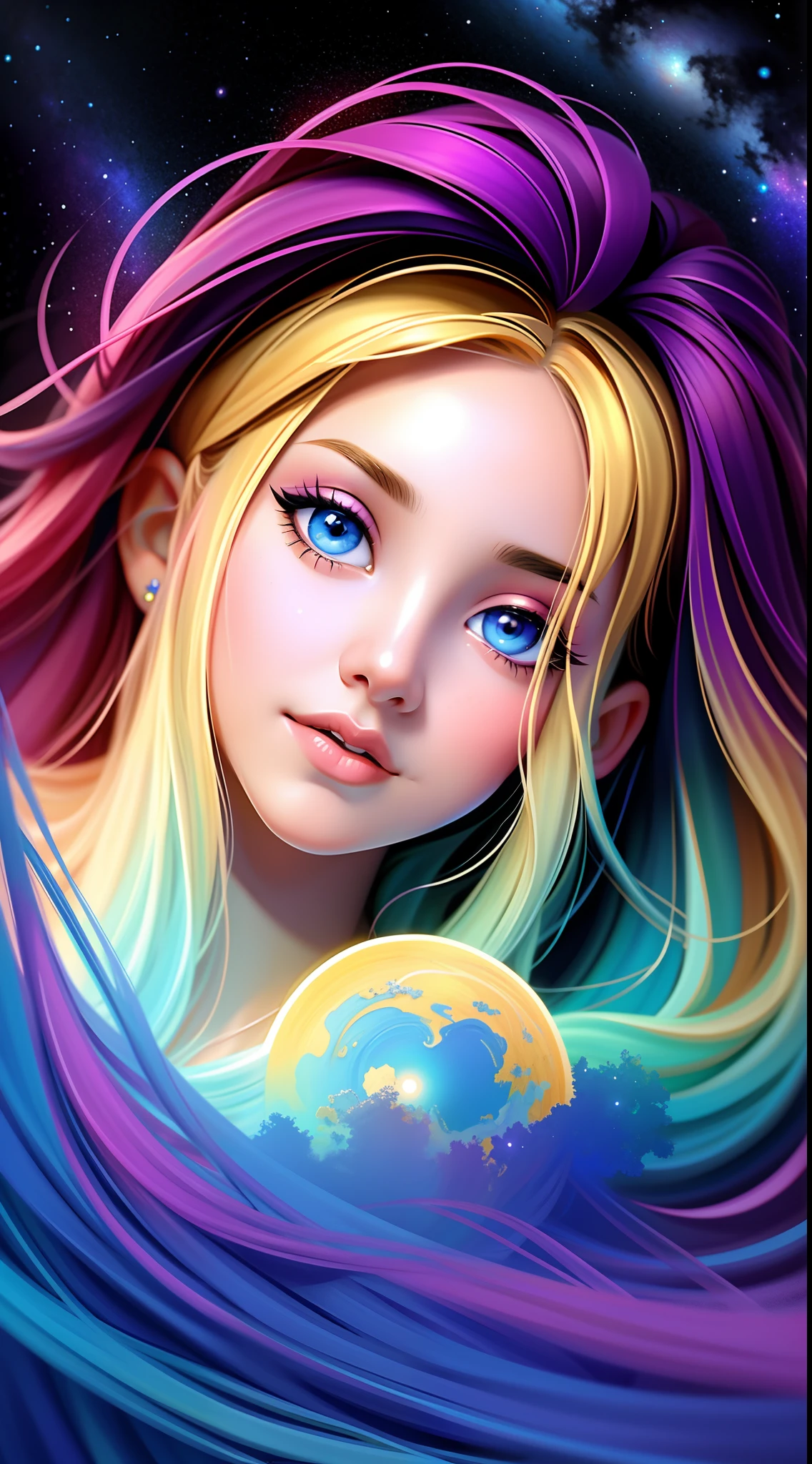 pintura de uma menina com um olho azul e um planeta roxo, girl in space, retrato de fantasia digital, arte digital fantasia, pintura digital brilhante, digital illustation, retrato da fantasia, airbrush digital art, imagem de arte digital, cosmic girl, blonde girl in a cosmic dress, em estilo de pintura digital, retrato da arte da fantasia, arte digital fantasia arte, no universo.altamente realista
