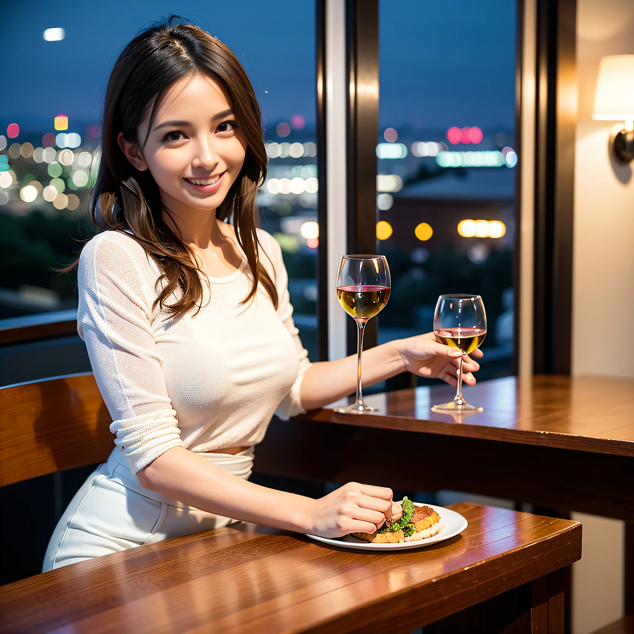 (64K, UHD, top quality, masterpiece: 1.2), (realistic, photorealistic: 1.37), super detailed, pretty woman 1 person, (slim face), (slim body), (brown hair), (short cut), cheeks slightly blushing, (44 years old), 38 years old, solo, beautiful detailed urban night view outside the window, restaurant, wine glasses sit, at night, in a prominent placeNovaFrogStyle, Actress, Model, Waist Up, White Wine, Slim, Wine Glass, Super Clean Night View, Wine Glass Put in the Middle, Happy Smile, (Smile: 1.15), Beautiful Fine Eyes, Upper Body, Bust Japan Up, Night, Short, Short, Actress, Model, Waist Up, White Wine, Slim, Wine Glass, Super Clean Night View, Wine Glass Put in the Middle, Happy Smile,