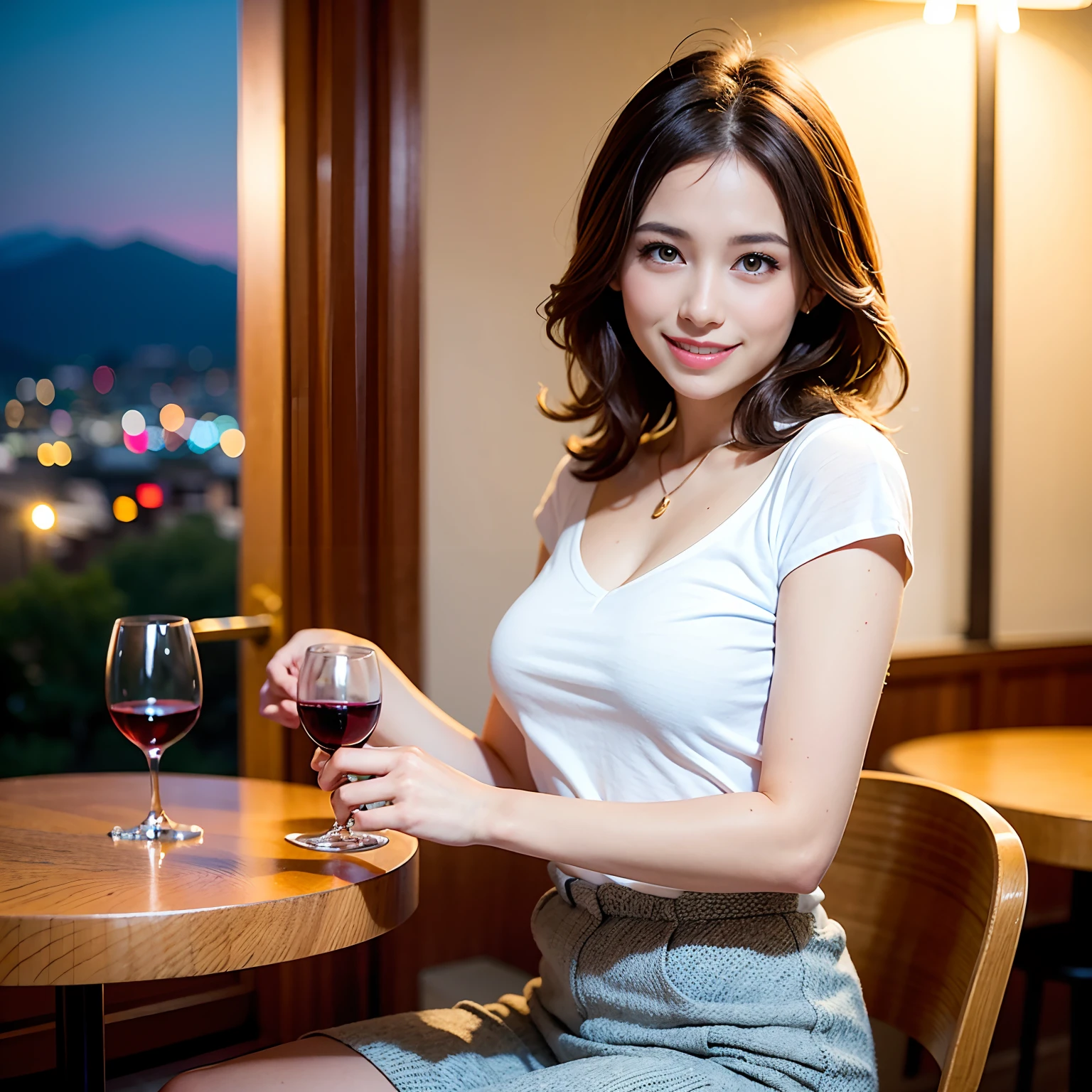 (64K, UHD, top quality, masterpiece: 1.2), (realistic, photorealistic: 1.37), super detailed, pretty woman 1 person, (slim face), (slim body), (brown hair), (short cut), cheeks slightly blushing, (44 years old), 38 years old, solo, beautiful detailed urban night view outside the window, restaurant, wine glasses sit, at night, in a prominent placeNovaFrogStyle, Actress, Model, Waist Up, White Wine, Slim, Wine Glass, Super Clean Night View, Wine Glass Put in the Middle, Happy Smile, (Smile: 1.15), Beautiful Fine Eyes, Upper Body, Bust Japan Up, Night, Short, Short, Actress, Model, Waist Up, White Wine, Slim, Wine Glass, Super Clean Night View, Wine Glass Put in the Middle, Happy Smile,