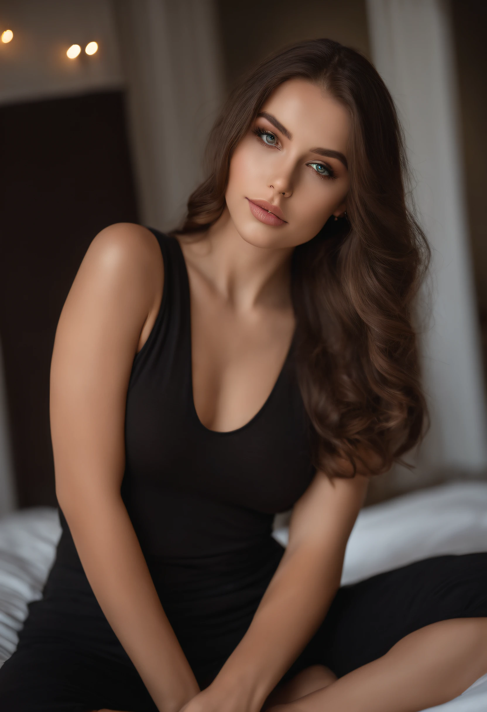 arafed woman with black sexy atractive  clothes, sexy girl with brown eyes, portrait sophie mudd, black hair and large eyes, selfie of a young woman, bedroom eyes, violet myers, without makeup, natural makeup, looking directly at the camera, face with artgram, subtle makeup, stunning full body shot, in a roof , cleavage