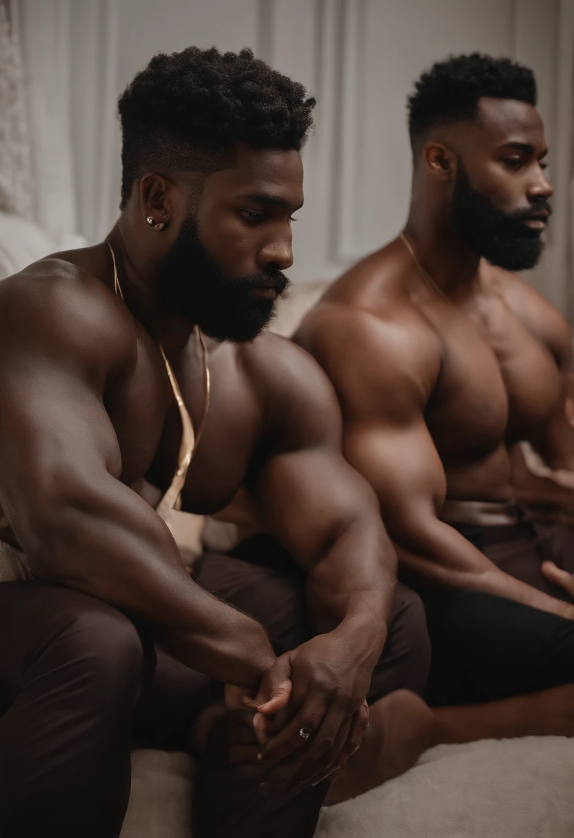 ((2heads)) 25yo African American, dark skin, beards, long beards, big beards, big pecs, big biceps, broad shoulders, full body, fade, Bedroom, shirtless