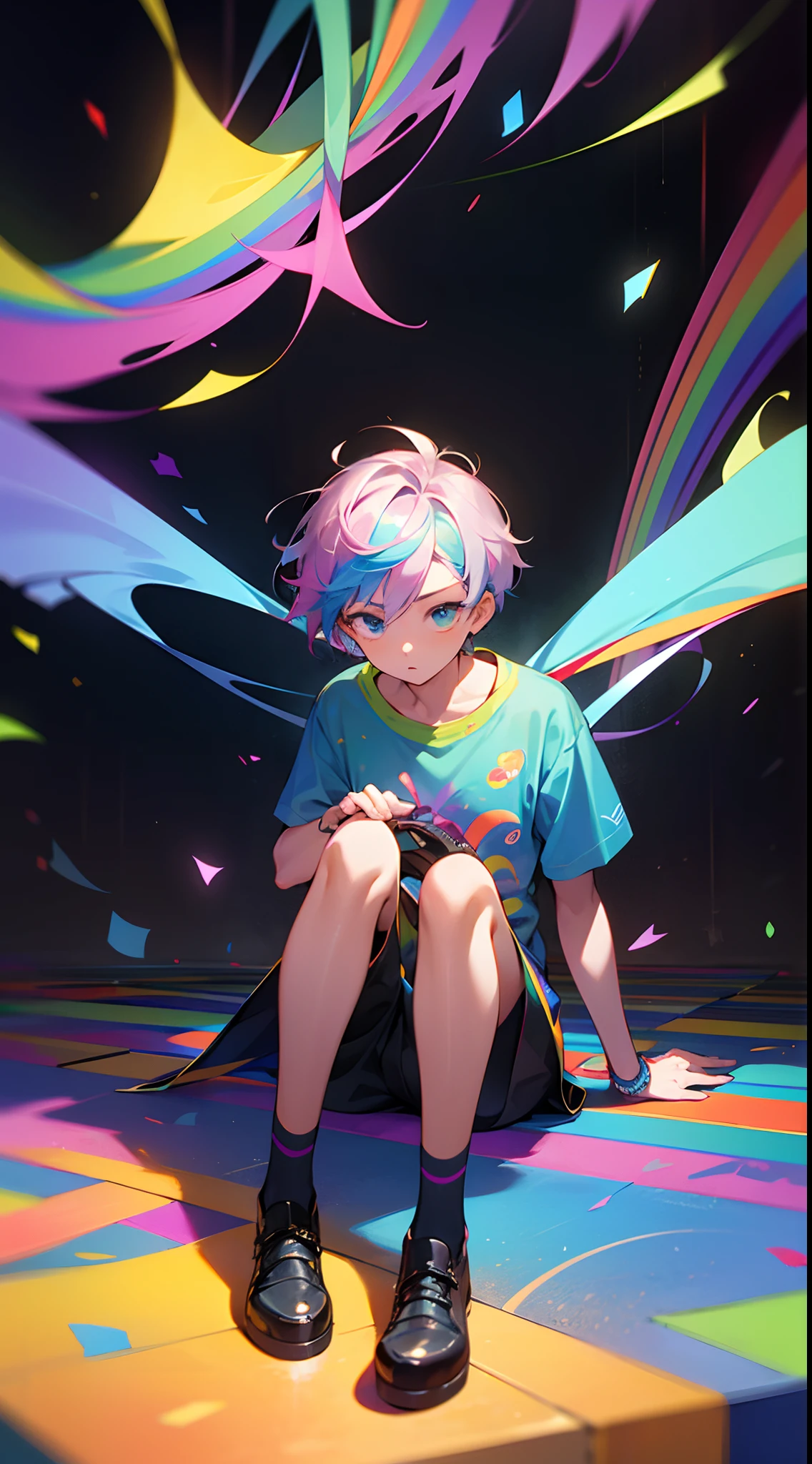 1boy，shoun，Sit on your knees，expression of surprise，eye glass，Colorful colorful，Irridescent color，Detailed CG，detail-rich，Masterpiece，floating，Rainbow magic effect，Rainbow-colored hair，Rainbow-colored clothes，graffiti wall