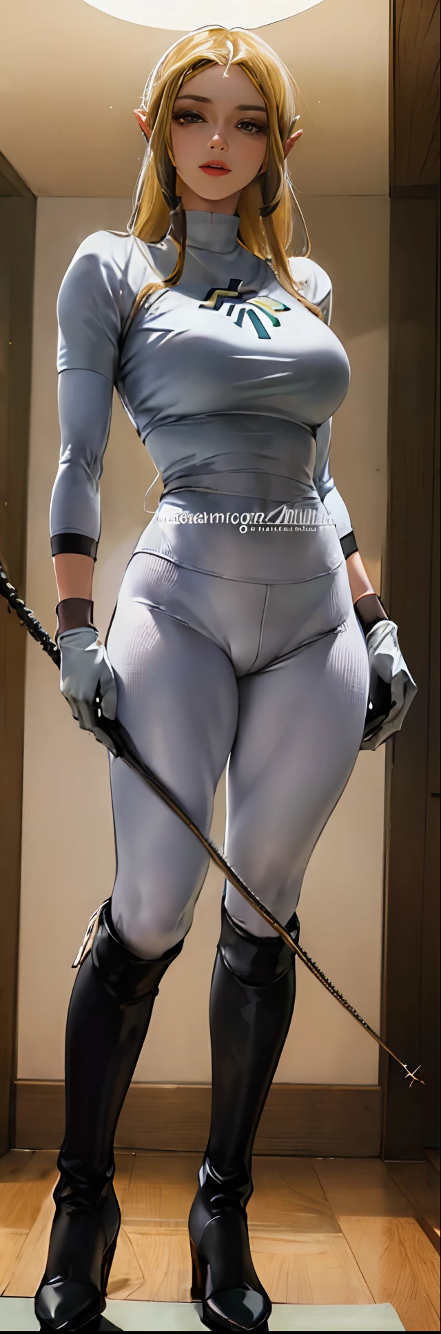 (highest resolution, distinct_image) best quality, a woman, solo, masterpiece, highly detailed, semi realistic, blonde hair, bangs, 18 years old, mature, young, tall strong, uniform, military uniform( large indoor background), cold, serious, tall, handsome, autocratic, powerful, exquisite facial features, exquisite facial features, (full body)(black knee-high boots:1.4)(dominatrix:0.3)(white Yoga pants:1.3),(gloves:1.5)(long sleeves),(active sportswear shirt),(princess Zelda),solo,1girl,(looking at viewer),(from below:0.7)(head turned upwards:0.3)(smiling:0.4)(bodysuit:0.3)(holding riding crop:1.2)(other hand empty)(muscular:0.2)(shirt tucket in pants)(parquet flooring)