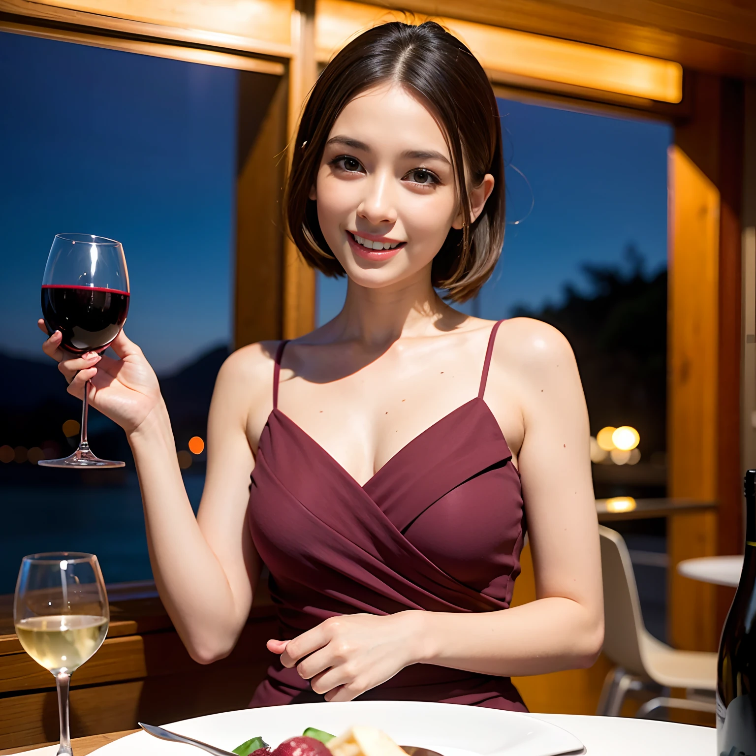 (64K, UHD, top quality, masterpiece: 1.2), (realistic, photorealistic: 1.37), super detailed, pretty woman 1 person, (slim face), (slim body), (brown hair), (short cut), cheeks slightly blushing, (44 years old), 38 years old, solo, beautiful detailed urban night view outside the window, restaurant, wine glasses sit, at night, in a prominent placeNovaFrogStyle, Actress, Model, Waist Up, White Wine, Slim, Wine Glass, Super Clean Night View, Wine Glass Put in the Middle, Happy Smile, (Smile: 1.15), Beautiful Fine Eyes, Upper Body, Bust Japan Up, Night, Short, Short, Actress, Model, Waist Up, White Wine, Slim, Wine Glass, Super Clean Night View, Wine Glass Put in the Middle, Happy Smile,
