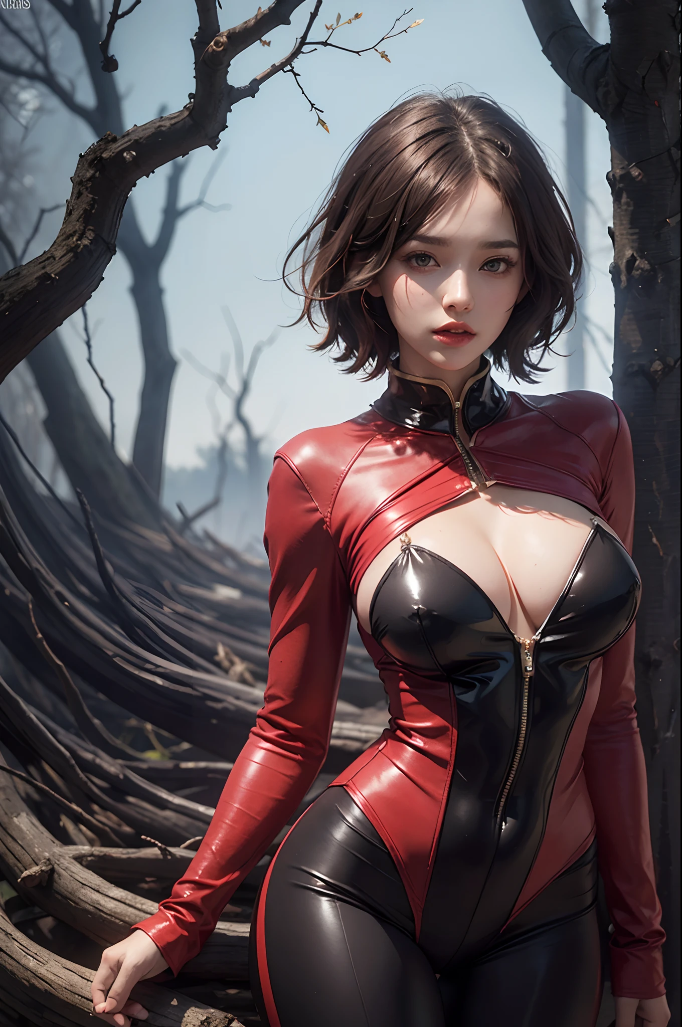 Bigchest, huge tit, Immortal appearance, big assa, sexy beauty, modern day,the dark forest,Red clothes,roleplaying, Short hair, modern, high qulity, Best picture quality, A high resolution, Textured skin, High details, Masterpiece,4K