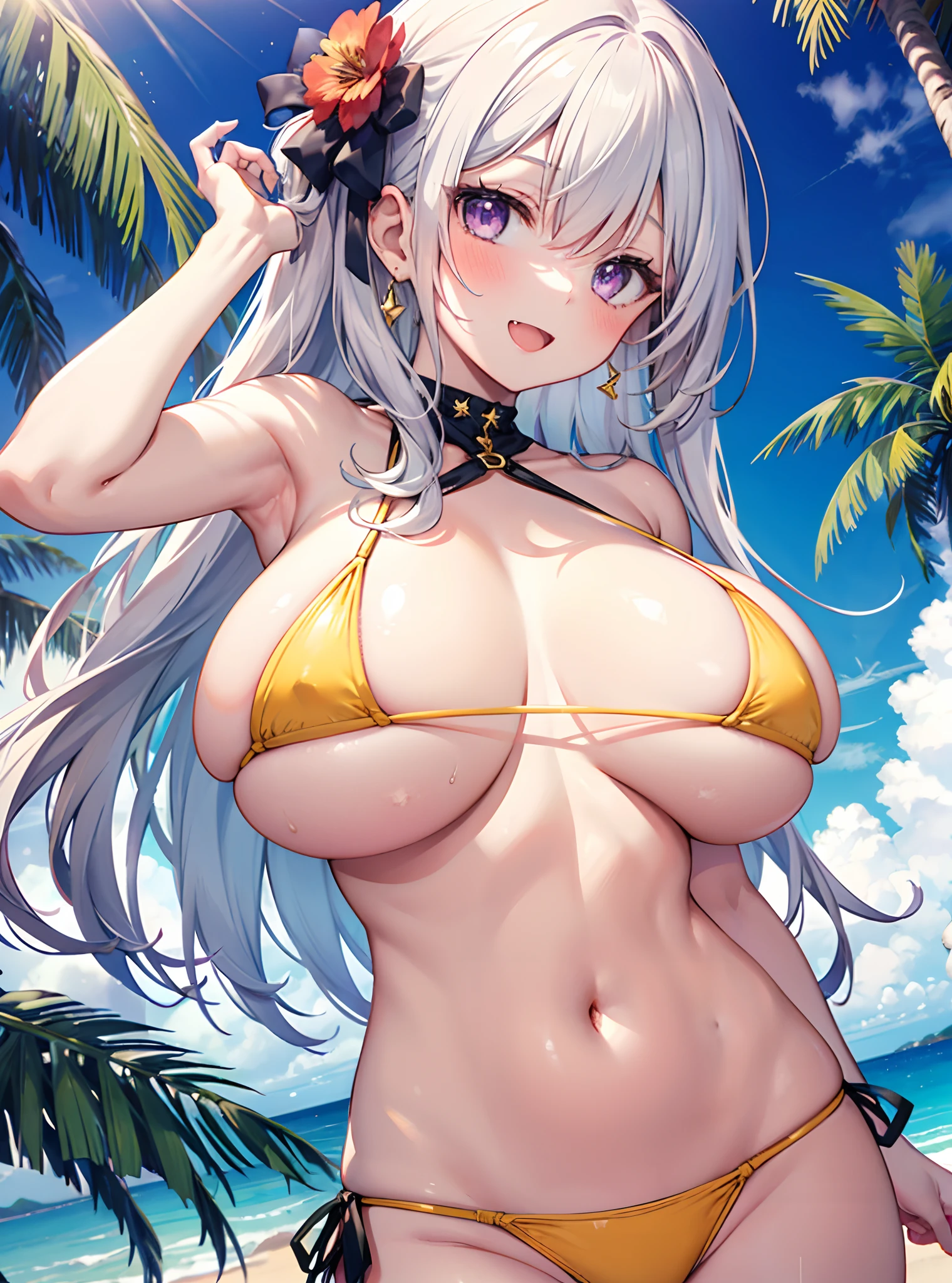 masterpiece, best quality, 1girl, micro bikini, beautiful, enormous breast, saggy breasts, gigantic breasts, in the beach, palm tree, navel, string bikini, flower ornament, purple eyes, , naughty , oversized breasts, extra large breasts, areola, :D, fang, unaligned breasts, close angle,from below, sexy and cute pose, breasts focus, golden bikini, expensive bikini with a lot of diamonds accessories