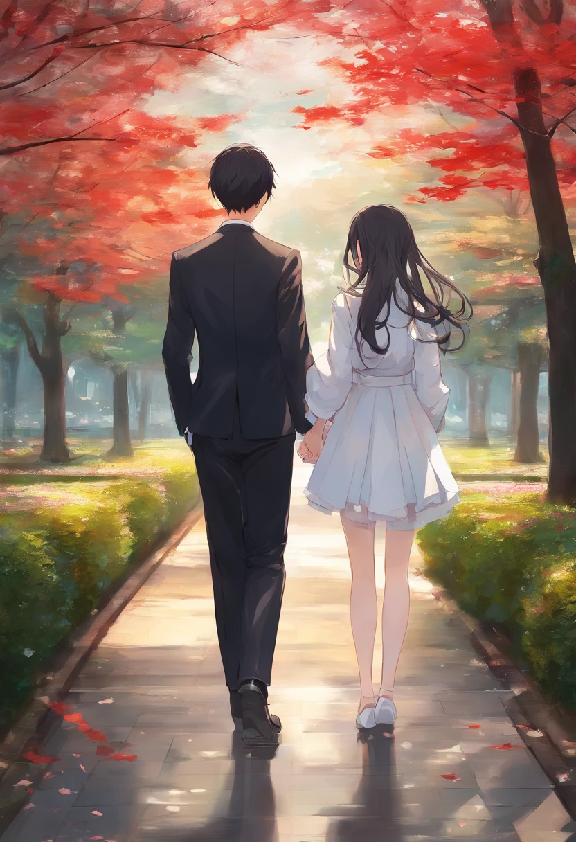 Holding hands with a boy in the park, elegant study, Smooth Anime CG Art, In youth, Beautiful anime girl, Anime Girl with Long Hair, realistic cute girl painting, by Yang J, realistic anime art style, (Anime Girl), painted in anime painter studio, realistic young anime girl,Trying to hold hands, guweiz