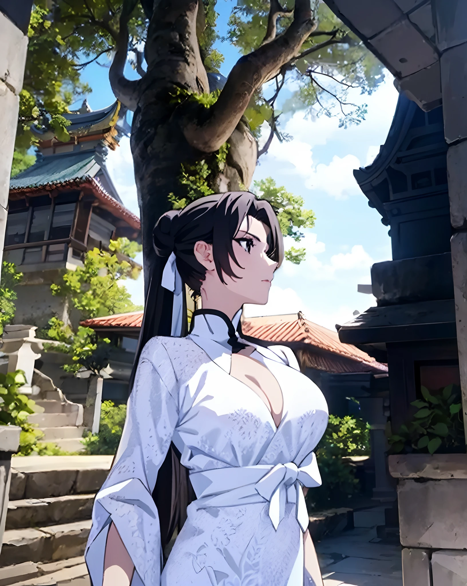 1 girl, black hair in bun, white ribbon, wear white kebaya traditional clothes, bali ancient backround, white skin, super pretty face, black eyes, cleavage, revealing chest, anime style, anime coloring, anime backround style