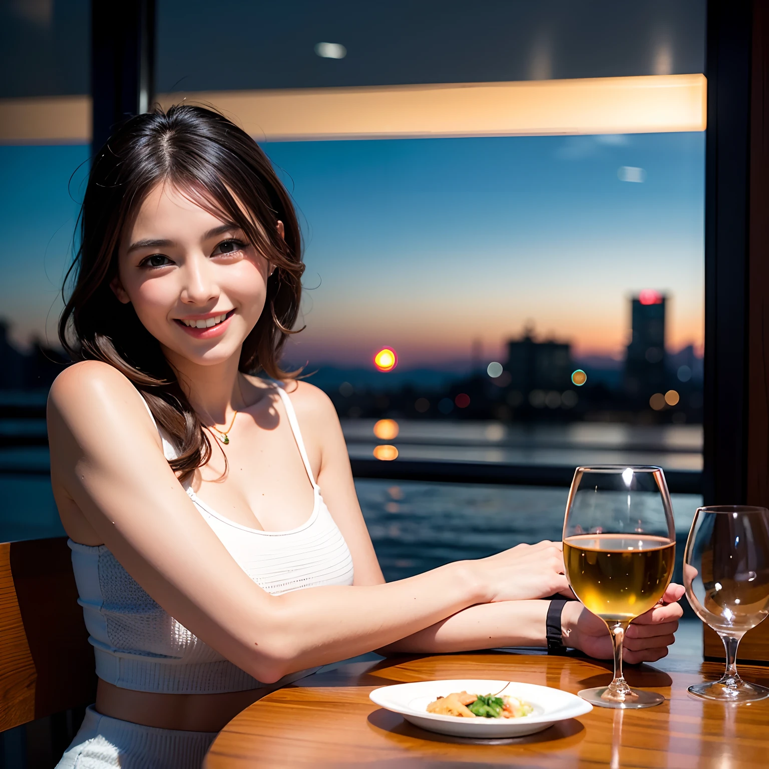 (64K, UHD, top quality, masterpiece: 1.2), (realistic, photorealistic: 1.37), super detailed, pretty woman 1 person, (slim face), (slim body), (brown hair), (short cut), cheeks slightly blushing, (44 years old), 38 years old, solo, beautiful detailed urban night view outside the window, restaurant, wine glasses sit, at night, in a prominent placeNovaFrogStyle, Actress, Model, Waist Up, White Wine, Slim, Wine Glass, Super Clean Night View, Wine Glass Put in the Middle, Happy Smile, (Smile: 1.15), Beautiful Fine Eyes, Upper Body, Bust Japan Up, Night, Short, Short, Actress, Model, Waist Up, White Wine, Slim, Wine Glass, Super Clean Night View, Wine Glass Put in the Middle, Happy Smile,