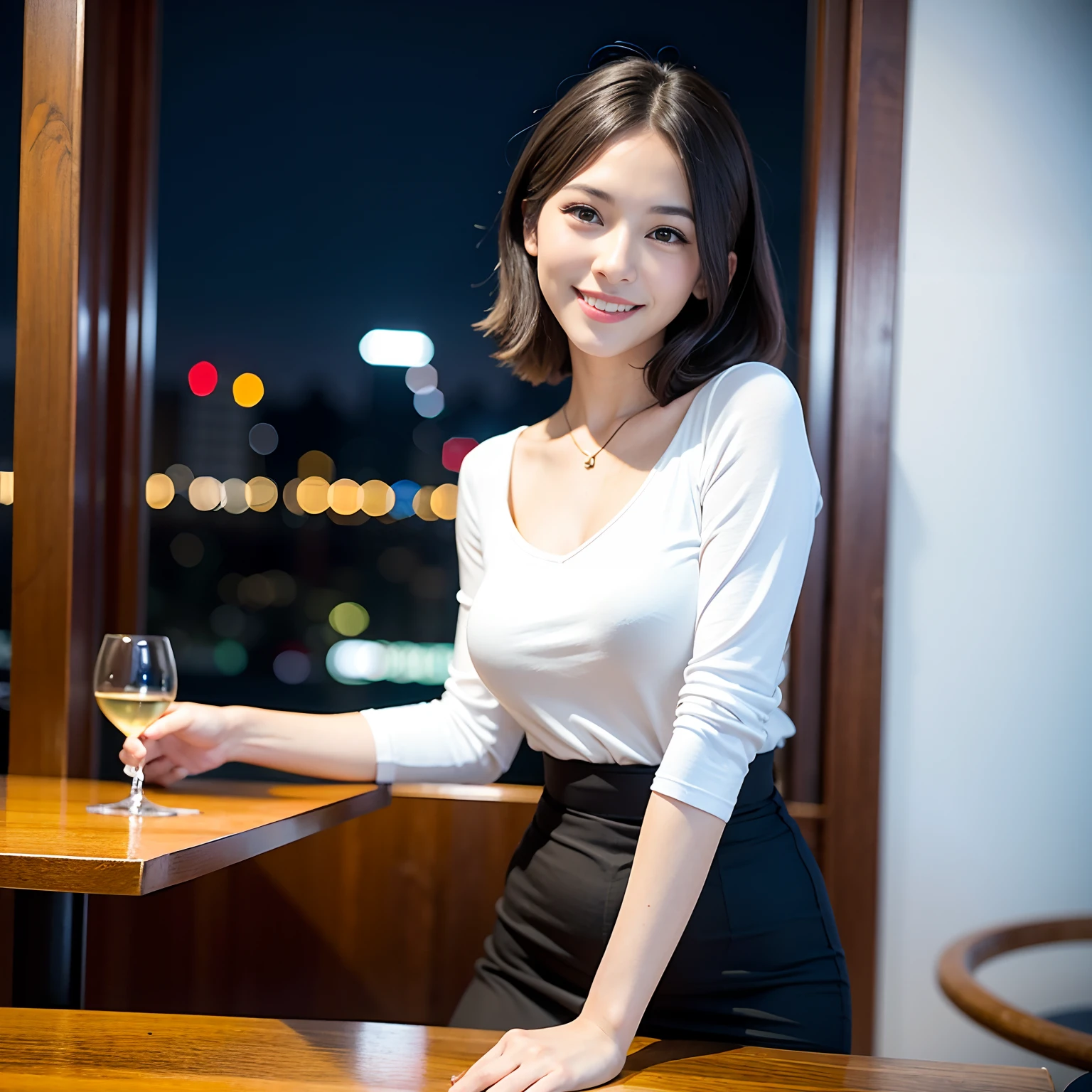 (64K, UHD, top quality, masterpiece: 1.2), (realistic, photorealistic: 1.37), super detailed, pretty woman 1 person, (slim face), (slim body), (brown hair), (short cut), cheeks slightly blushing, (44 years old), 38 years old, solo, beautiful detailed urban night view outside the window, restaurant, wine glasses sit, at night, in a prominent placeNovaFrogStyle, Actress, Model, Waist Up, White Wine, Slim, Wine Glass, Super Clean Night View, Wine Glass Put in the Middle, Happy Smile, (Smile: 1.15), Beautiful Fine Eyes, Upper Body, Bust Japan Up, Night, Short, Short, Actress, Model, Waist Up, White Wine, Slim, Wine Glass, Super Clean Night View, Wine Glass Put in the Middle, Happy Smile,