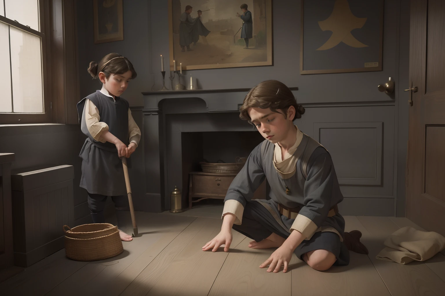 Year: 11th century. Location: London. Pre-raphaelite scene with a 9-year-old poor english boy, cleaning his dirty home, ((sad)), ((((11th century poor gray tunic)))) ((11th century hairstyle)), pastel colors, (((cinematic style)))