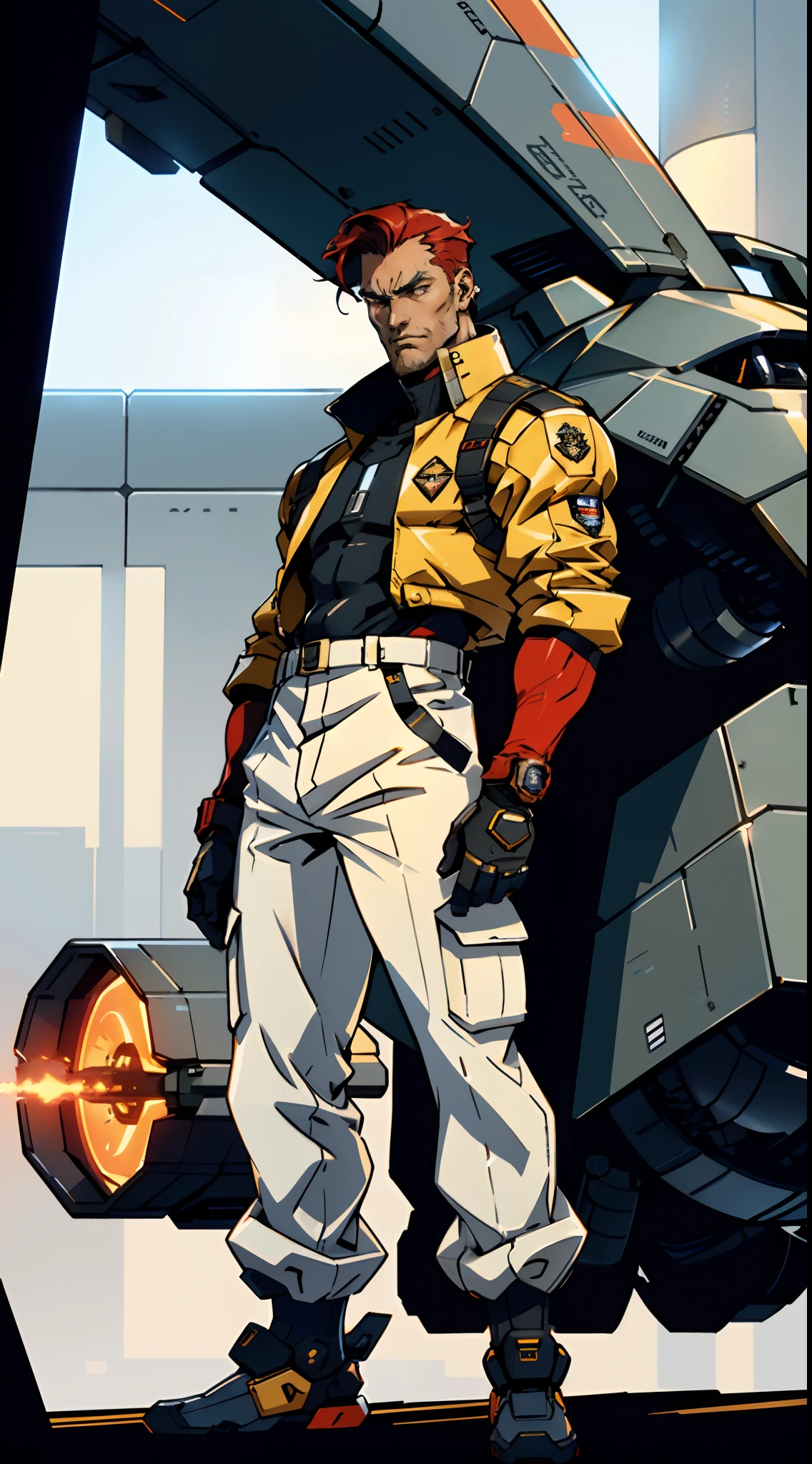 A man with short red-gold hair, hair slicked back, thick and disheveled hair, a cold and ruthless gaze, a confident expression, wears a two-piece futuristic military-style uniform, primarily in shades of white and red, accented by touches of yellow, streamlined wristguard gloves, matching trousers, he stands in a futuristic sci-fi-style hangar housing a colossal mech, stands within a futuristic sci-fi hangar, where a colossal mech is stationed, this character embodies a finely crafted futuristic military officer in anime style, characterized by an exquisite and mature manga illustration art style, high definition, best quality, highres, ultra-detailed, ultra-fine painting, extremely delicate, professional, anatomically correct, symmetrical face, extremely detailed eyes and face, high quality eyes, creativity, RAW photo, UHD, 8k, Natural light, cinematic lighting, masterpiece:1.5