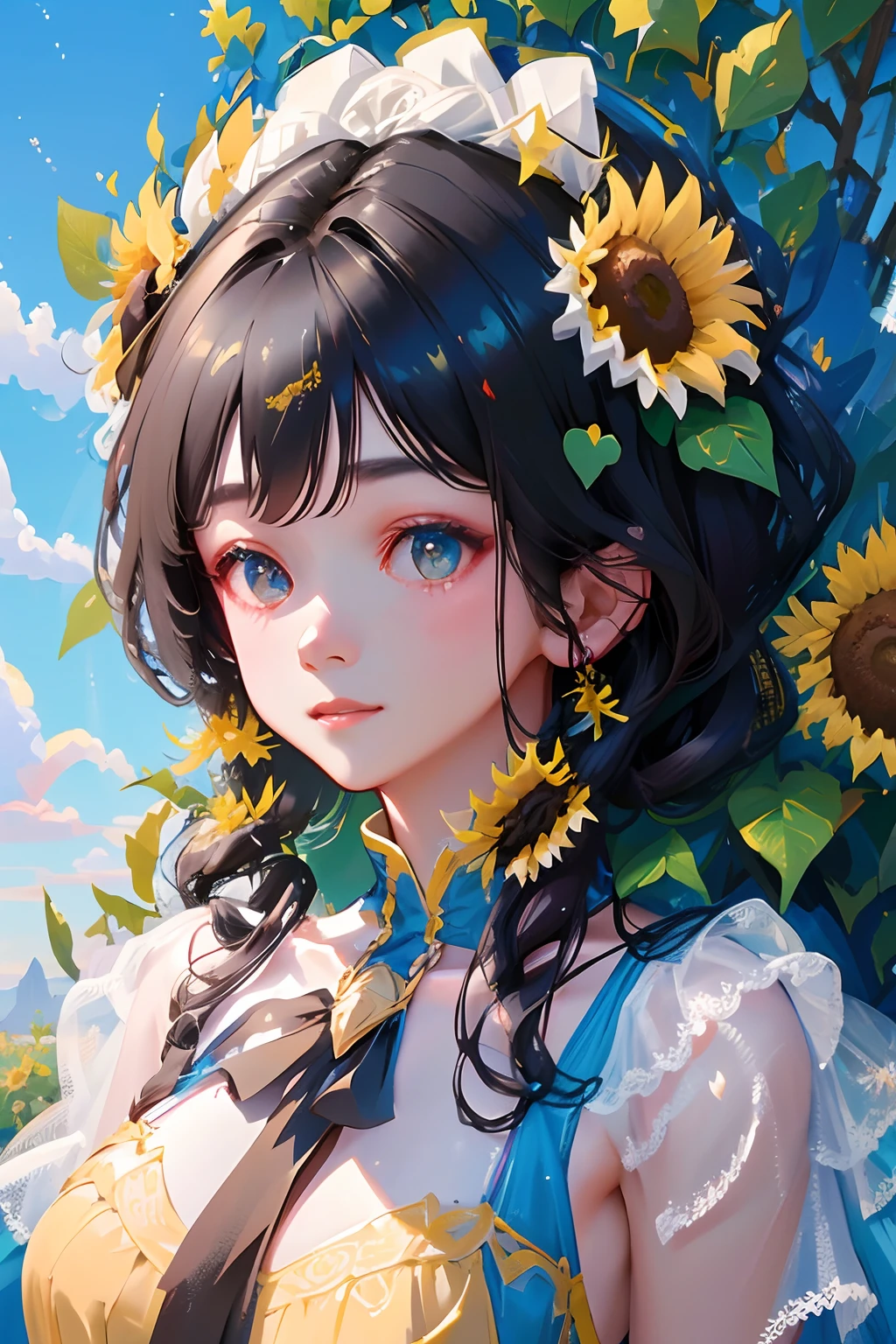 tmasterpiece， high high quality， cinematic Film still from，one-girl，Sunflowers are worn on the head，Cloud Girl， Clouds， （closeup cleavage： 1.1）， brightly， cheerfulness， intriguing， gentlesoftlighting， （bauhause， Shape， lineworks， abstracted： 1.1），