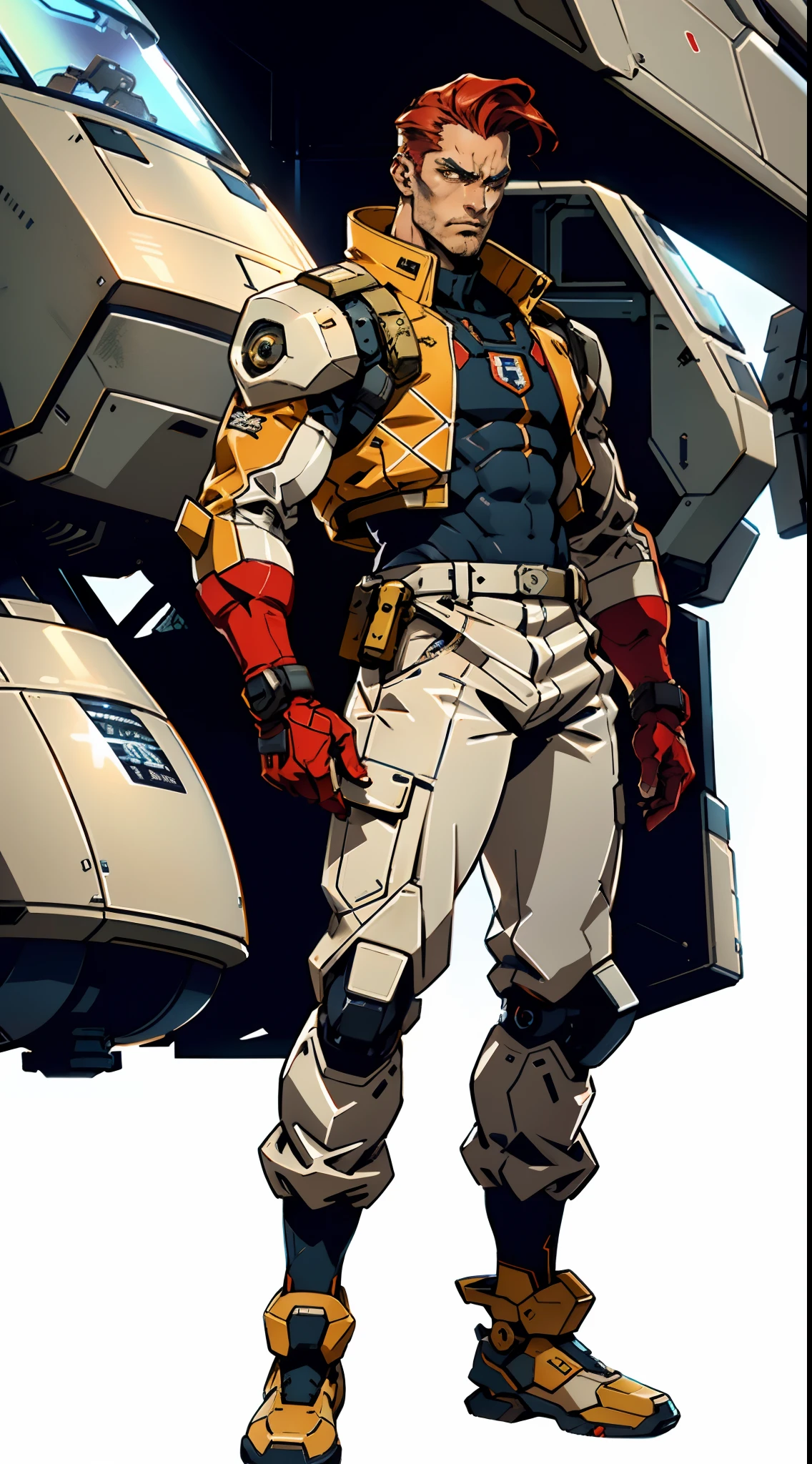 A man with short red-gold hair, hair slicked back, thick and disheveled hair, a cold and ruthless gaze, a confident expression, wears a two-piece futuristic military-style uniform, primarily in shades of white and red, accented by touches of yellow, streamlined wristguard gloves, matching trousers, he stands in a futuristic sci-fi-style hangar housing a colossal mech, stands within a futuristic sci-fi hangar, where a colossal mech is stationed, this character embodies a finely crafted futuristic military officer in anime style, characterized by an exquisite and mature manga illustration art style, high definition, best quality, highres, ultra-detailed, ultra-fine painting, extremely delicate, professional, anatomically correct, symmetrical face, extremely detailed eyes and face, high quality eyes, creativity, RAW photo, UHD, 8k, Natural light, cinematic lighting, masterpiece:1.5