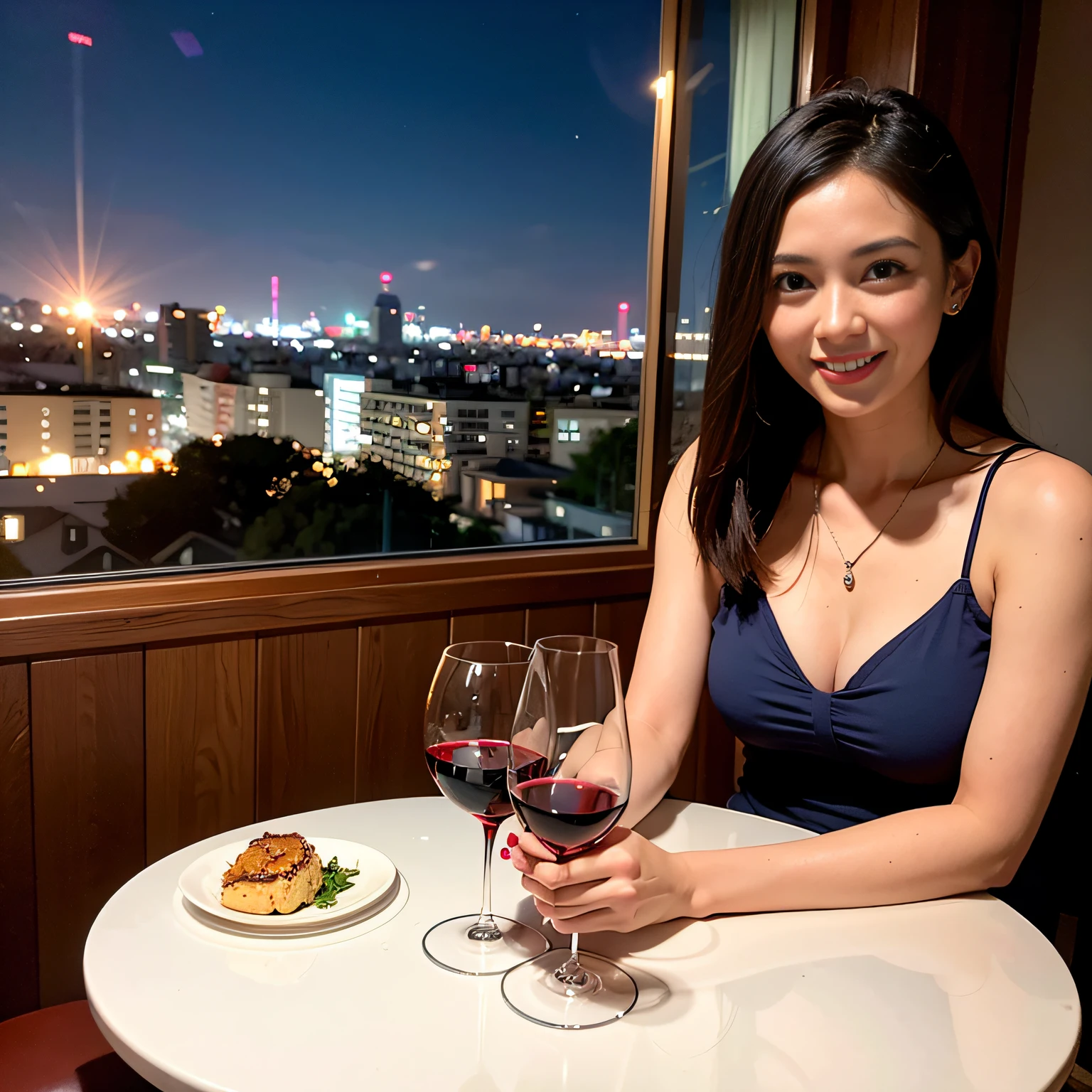 (64K, UHD, top quality, masterpiece: 1.2), (realistic, photorealistic: 1.37), super detailed, pretty woman 1 person, (slim face), (slim body), (brown hair), (short cut), cheeks slightly blushing, (44 years old), 38 years old, solo, beautiful detailed urban night view outside the window, restaurant, wine glasses sit, at night, in a prominent placeNovaFrogStyle, Actress, Model, Waist Up, White Wine, Slim, Wine Glass, Super Clean Night View, Wine Glass Put in the Middle, Happy Smile, (Smile: 1.15), Beautiful Fine Eyes, Upper Body, Bust Japan Up, Night, Short, Short, Actress, Model, Waist Up, White Wine, Slim, Wine Glass, Super Clean Night View, Wine Glass Put in the Middle, Happy Smile,