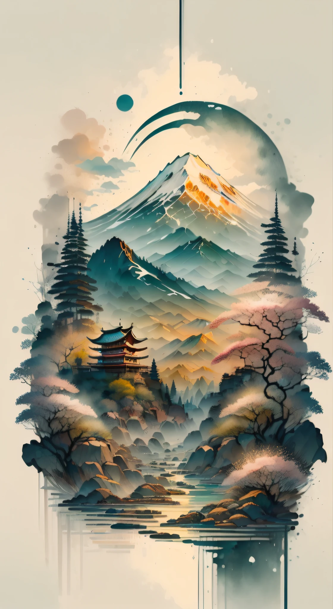 (Alavid mountain view with waterfalls and bridges, Landscape painting, High mountains and flowing water, A winding path leading to seclusion, Pavilions and towers,Cloud,Starry sky,Reflection,highly detailed landscape,Lens 135mm,F1.8, Aerial view,wide angles,largeaperture,Large depth of field,Thousands of miles of rivers and mountains,Calligraphy signature,Character stamp:1.45),Chinese painting style, Chinese style painting, Traditional Chinese painting, zhang daqian, Traditional Chinese Ink Painting, Chinese ink painting, Chinese painting, author：Xu Xi, Traditional Chinese art, author：Dong Qichang, inspired by Zhang Shunzi, Chinese landscape, author：Lee Young-jin