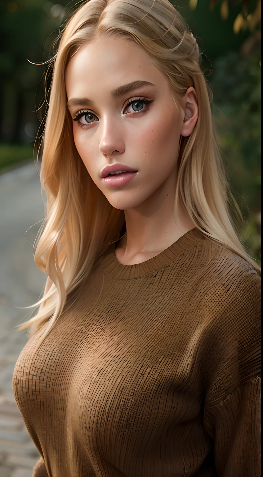 A close-up of a woman with long blonde hair wearing a brown sweater, hermosa chica rubia, Hermosa modelo joven, Modelo muy bonita, BLONDE CHILD girl, Retrato Sophie Mudd, Hermosa modelo, hermosa joven, Hermosa chica modelo, Hermosa modelo femenina, brown sweater, Joven muy hermosa, linda joven, linda joven, cara extremadamente hermosa, Una hermosa rubia