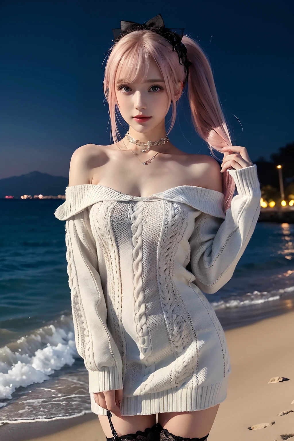 Masterpiece, Best quality, Night, full_Moon, On the beach, gaming console_CG, cosplay, Huge_filesize, the wallpaper, pix_art, Girl, Medium hair, Pink hair, crossed bangs, hair adornments, Hair Bow, snowflake hair ornament, Beautiful detailed eyes, aqua eyes, Fake smile, Smug, Medium breasts, Jacket, (Sweater dress), (Bare_bshoulders), frilld, Lace, Miniskirt, fishnet thighhighs, cross-laced_Footwear, Collar, jewelry, Earrings, White choker , Walking, straddle,