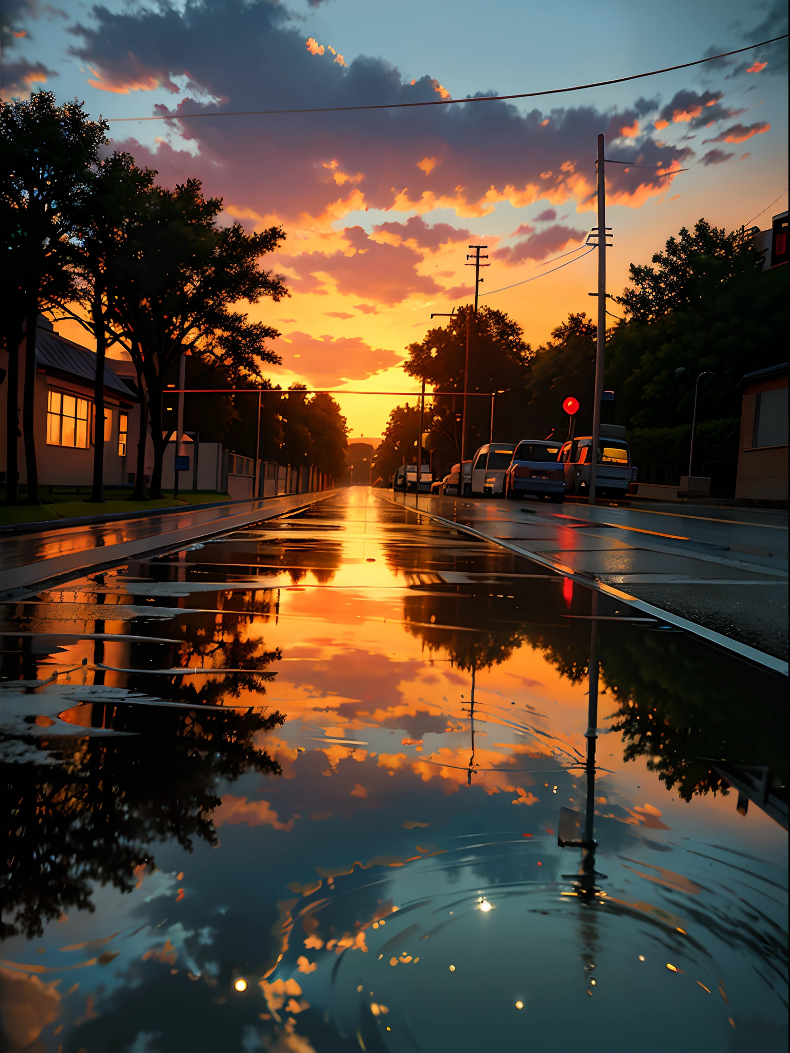 Alafid view of the street,There is a puddle of water on the road, reflections on wet streets, weather photography, After the rain, Wet puddle reflection, wet reflections, Reflection puddle, day after raining, Wet puddles on the street, Wet selection, wet street, marvellous reflection of the sky, Wet streets, It just rained, refracted sunset lighting