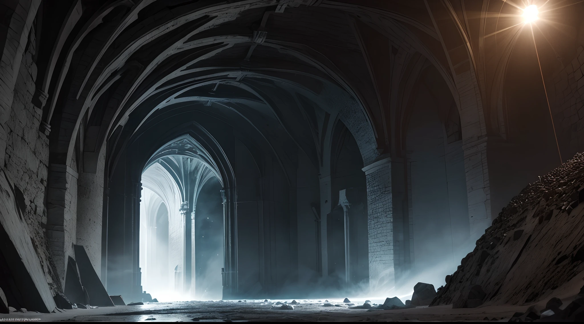 Grandiose interior of the Moria mine, une mine souterraine (by writer J. r. r. Tolkien du Seigneur des anneaux), bluish and white color. endroit sombre, excavation de mithril, Mines sombres, Little light (aucun feu), Dusty mines. (aucun humain) (16k, Best quality, Hdr, Better resolution, Masterpiece: 1.2) , Bokeh, Realistic Photography, Canon 5d4.