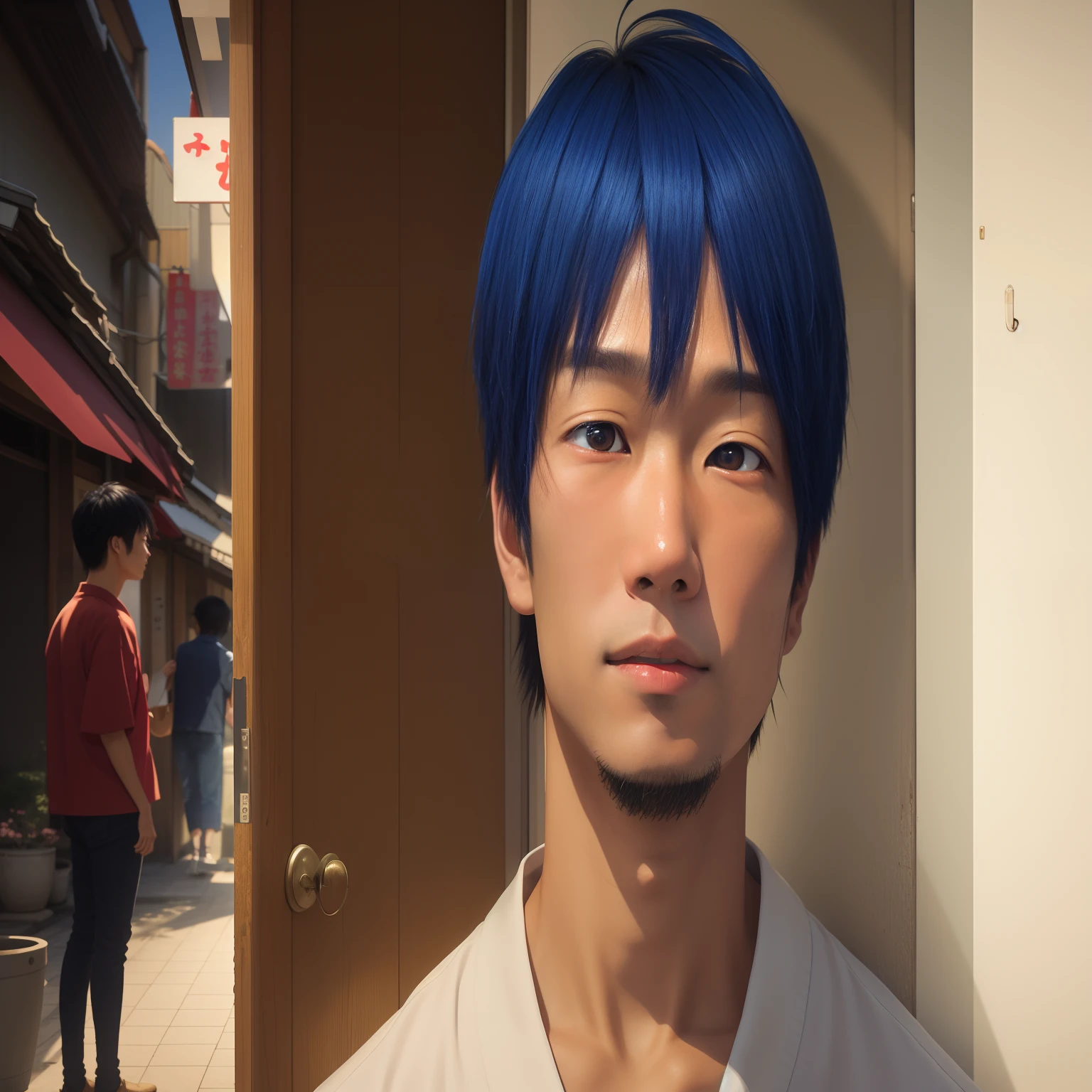 Young man standing in front of the door, With short hair. The artist can be seen in Yokoyama. "Oni Nakano", "Takashi Tanaka", "Koizumi Hiroshi", "yosuke ueno", "masahiro ito", "Yoshiko Ogura", And "Hitoshi Katsuragawa". (Best Quality, High resolution), (Realism), (Photorealistic), (Human Photography), (Vivid colors), (Soft lighting).