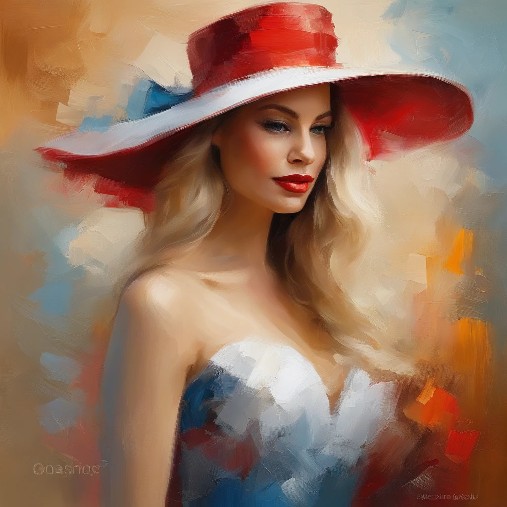 painting of a woman in a red cocktail dress and a white hat, long blond hair, blue eyes looking at us, top of hat within our view, elegant digital painting, beautiful portrait acrylic painting, wlop painting style, brush strokes in textured paint, gorgeous digital painting, in style of Wlop, beautiful character painting, fine art portrait painting, epic colorful background, beautiful art uhd 4 k