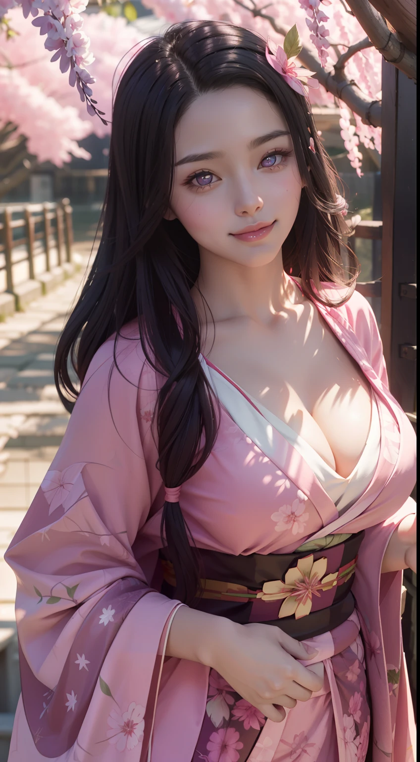 Masterpiece, (Pink kimono), Seductive face, Large breasts with cleavage，ssmile，sportrait，Good lighting, Masterpiece, Glowing eyes, 1girll, Black hair, on the face, Nezuko Kamado, Wisteria background, Best quality,