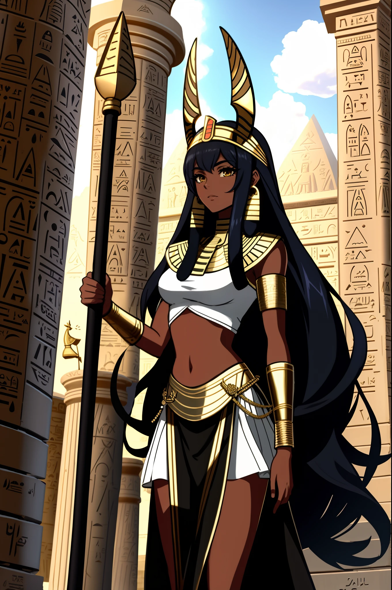 A cartoon Egyptian woman with a staff and a snake, dark skin female goddess of love, storm egyptian god, Wind Egyptian God, tall thin beautiful goddess, kemetic, God of Egypt, ancient goddess, God of Egypt, An Egyptian princess, Black Emma Watson 飾演 Egyptian, Egyptian mythology, Egyptian clothes, Nyarlathotep, God of Egypt, Wear the Anka logo