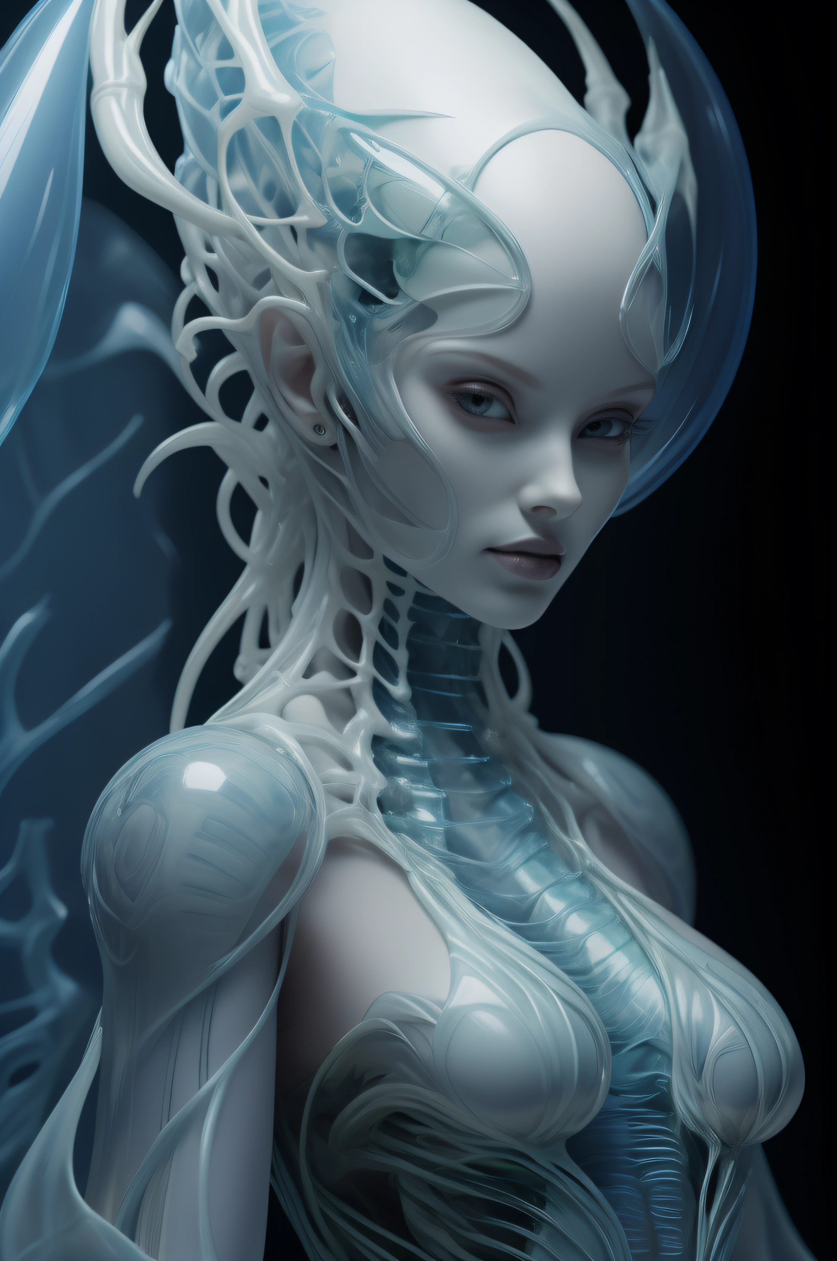 best quality,master piece,intricate details,nsfw,1girl,solo,(full body:1.4),(light smile),legs,simple background,brightly,lips,alien android,simple background,alien,brain in (transparent:1.2) skull,(organic helmet),a beautiful futuristic woman with a futuristic head,in the style of dark white and light aquamarine,translucent skin,undefined anatomy,eccentric detail placements,alien worlds,intricately sculpted,techpunk,spine,exo-skeleton,colored skin,upper body,closed mouth,breasts,depth of field,ultra hd,matte photo,bold yet graceful,intricate embellishments,8k resolution,