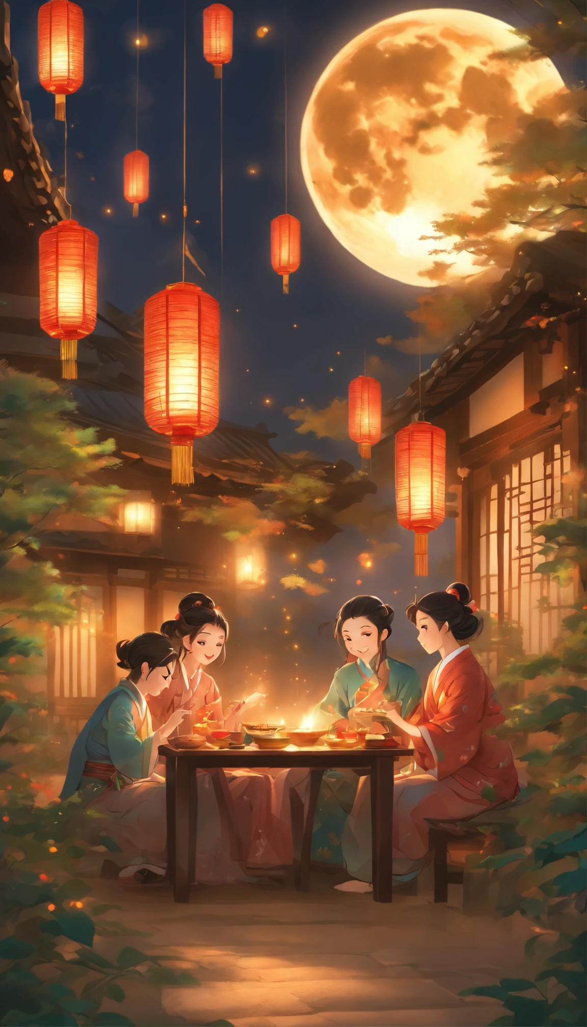 The family sits together, Enjoy a festive dinner, Surrounded by a warm and comfortable atmosphere. The room was beautifully decorated,Equipped with lanterns, Symbolizes the joy of the Mid-Autumn Festival. The table is filled with a variety of delicacies, Includes traditional mooncakes. Moonlight shone through the windows, Cast a soft glow on everyone's face. The family laughed and chatted, Express their love and happiness on this special occasion. The artwork is created with the finest materials, Such as oil painting or high-resolution digital rendering, Ensure the highest quality and detail. The colors are vivid and vibrant, Create visually stunning representations for holiday celebrations. Well-designed lighting, Focus on capturing the warm and tranquil atmosphere of the evening. The artwork is a masterpiece, With ultra-fine elements and realism, Photorealistic style. The moon in the night sky is depicted as a perfect circle, Represents the full moon of the Mid-Autumn Festival. The scene was full of fun, Love, and togetherness, Capture the essence of the festival.You can see the round moon hanging high