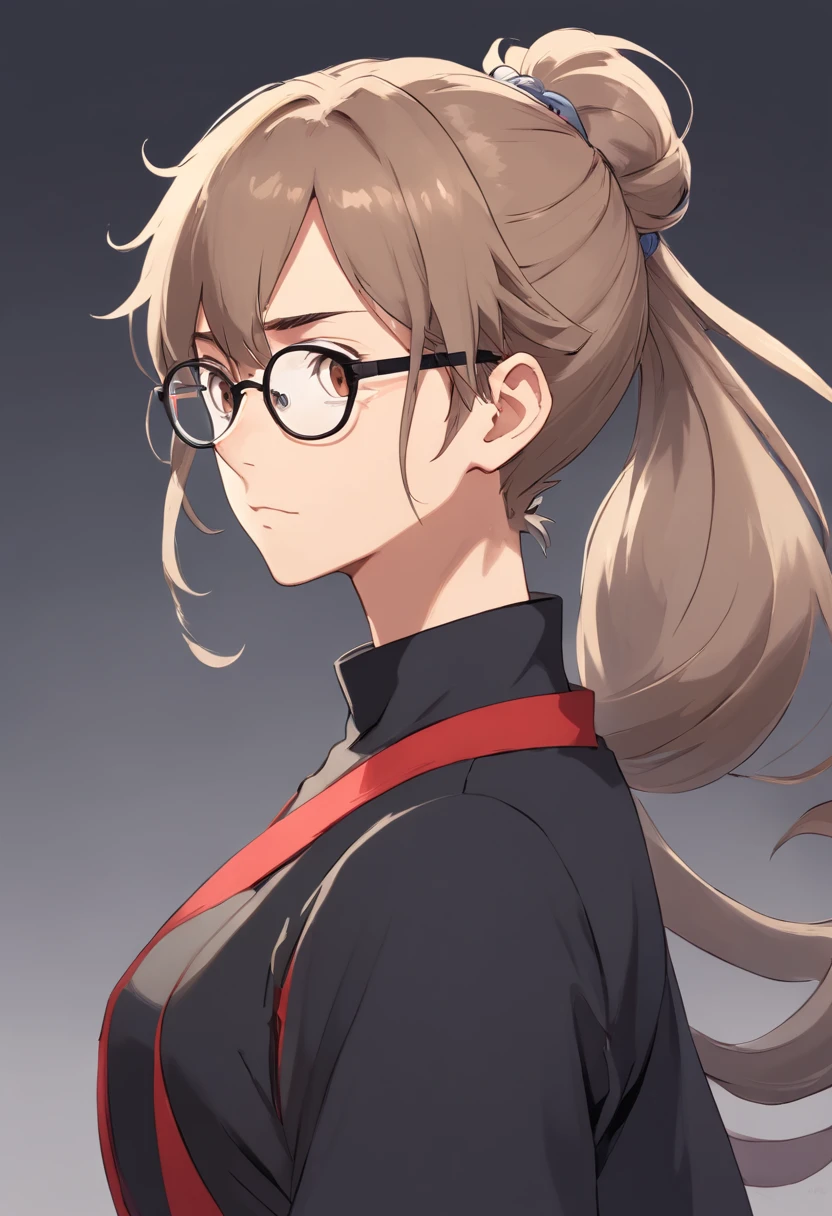 A young man with faded light brown hair tied up in a long ponytail style and a single white lock in front of his hair and light grey eyes, tired and determined face wearing black clothes with heavy apocalypse-style red accents and a round glasses
