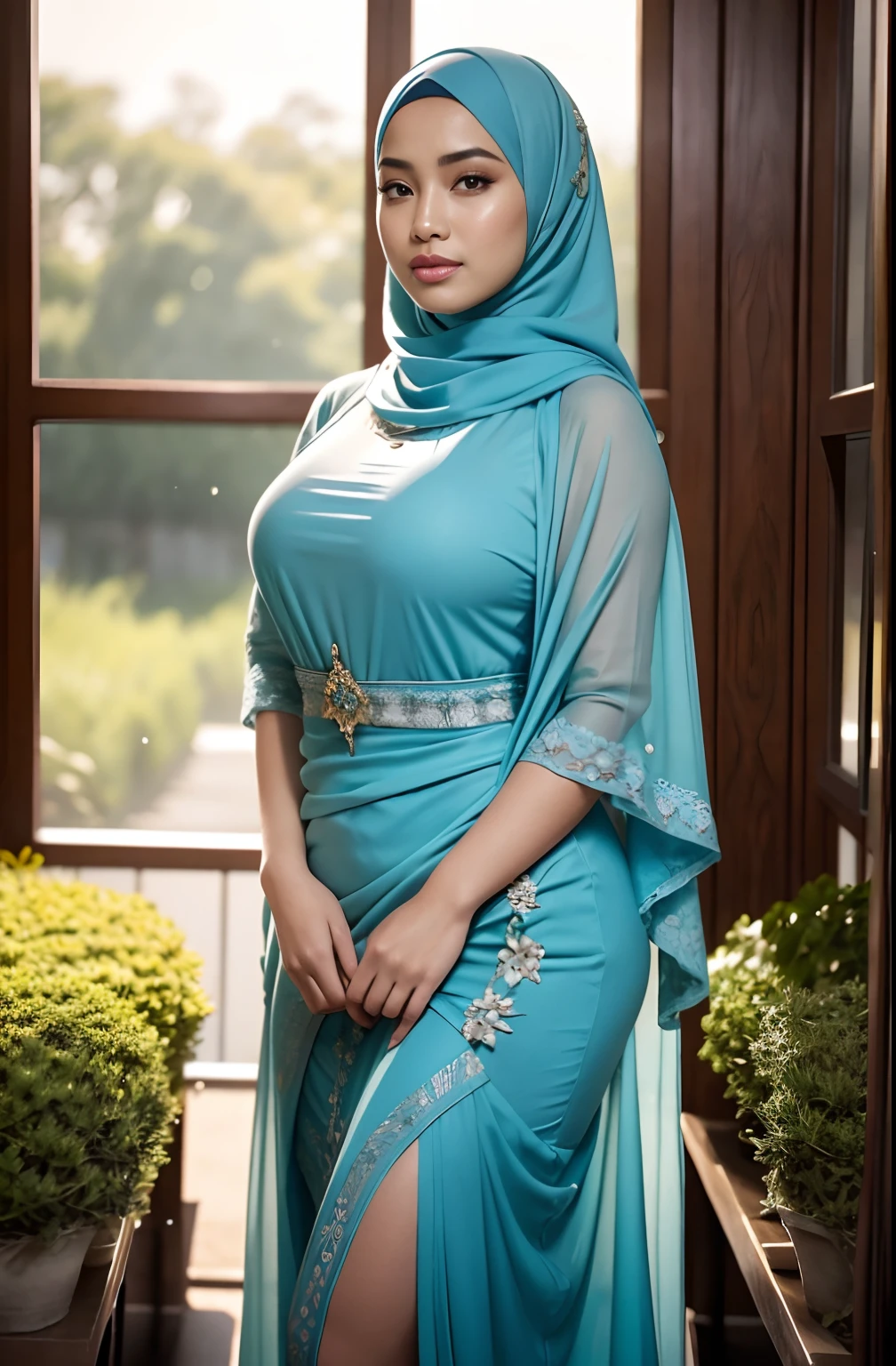 RAW, Best quality, high resolution, masterpiece: 1.3), beautiful Malay woman in hijab,Masterpiece, The art depicts a Malay woman in a hijap wearing sari sari and blue blous, light blue in color, decorated with intricate patterns and bright colors. The dress covered her curvaceous figure perfectly, highlighting her seductive silhouette. He walked in the flower garden illuminated by the soft light of the morning sun. The scene exudes a smile and is sexy. Her graphic style combines watercolor techniques and digital illustration to evoke sophisticated beauty and charm. The lights were filled with soft sunlight, casting soft highlights and shadows on her charming features. bare thighs, wearing see-through tights, big breasts, three-dimensional facial features, 8k, RAW photos, best quality, high resolution, high quality photos, complex, breast exposure,
