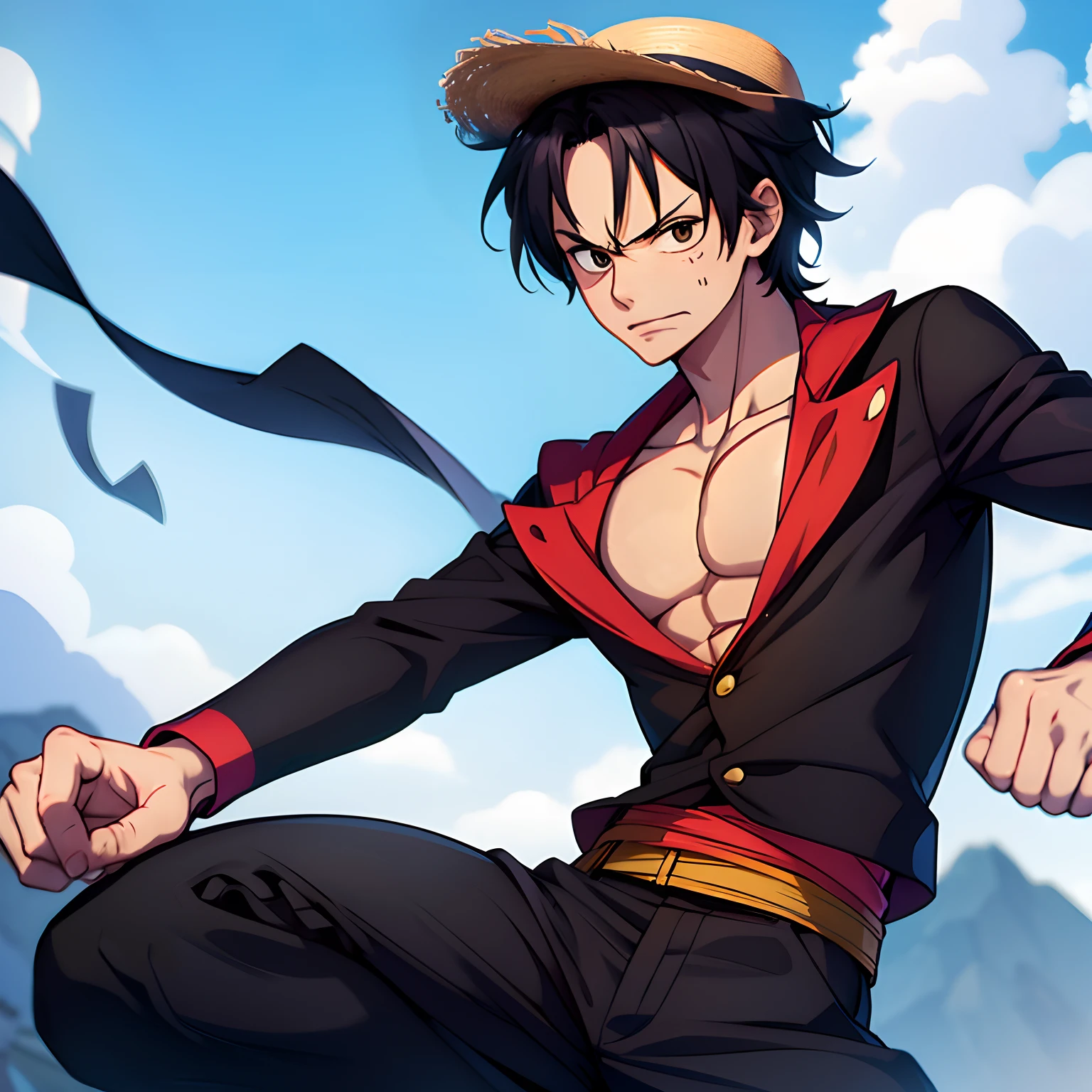 1 homme, solo, haut du corps, masterpiece, ((beste-Qualit)), (extremly detailed), aquarelle, illustration officielle, profondeur de champ, croquis, ombres sombres intenses, mise au point nette, softlighting, colourfull, bonne composition, spectaculaire, style anime de One Piece par Eiichiro Oda, jeune, delinquent, agressif, dynamique, outdoor, violent-looking, sadistic smile