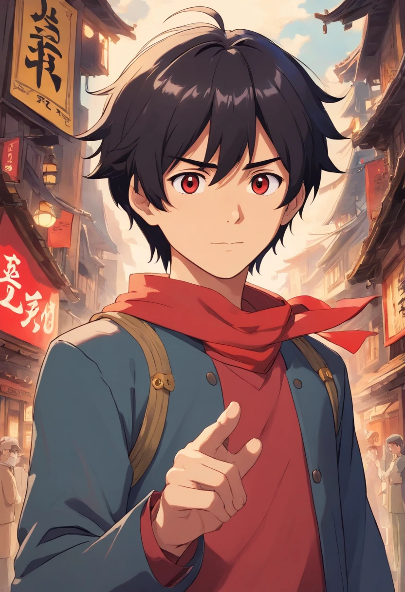 A young man of 16 years with medium black hair with a white bangs ,Iris and pupil of the eyes completely red ,uma blusa preta simples com casaco estilo motoqueiro preto com detalhes nas mangas em vermelho ,a black military-style medium glove with red border ,a face with a serious smile and a look of contempt