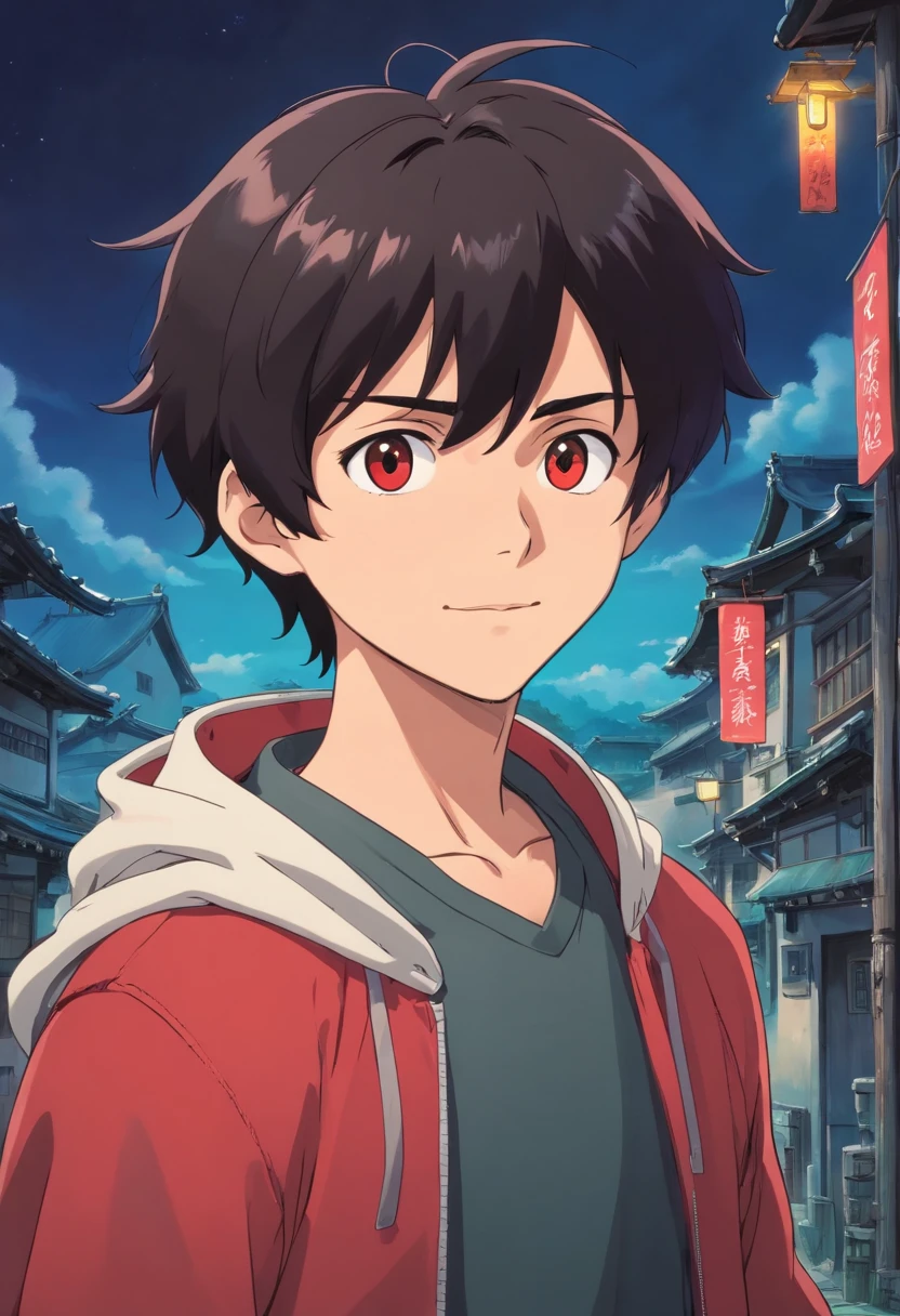 A young man of  with medium black hair with a white bangs ,Iris and pupil of the eyes completely red ,uma blusa preta simples com casaco estilo motoqueiro preto com detalhes nas mangas em vermelho ,a black military-style medium glove with red border ,a face with a serious smile and a look of contempt