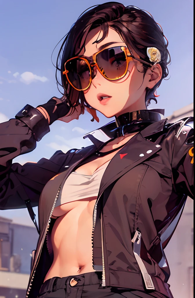 (masterpiece1.5),hyper quality, Hyper Detailed,Perfect drawing,3D,16K illustrations、((clearface))、Hi-Res、Brown skin,Lunette de soleil、Bad girl、Huge breasts,Very Short Hair, half-opened mouth,Looking at Viewer,Black hair,lofty nose,Thick lip,Cowboy Shot, Nice backgrounds for your subject、beatiful backgrounds、spot light、Vibrant colors、(((Detailed drawing)))、Perfect Beautiful Girl、(((Perfect Photo))