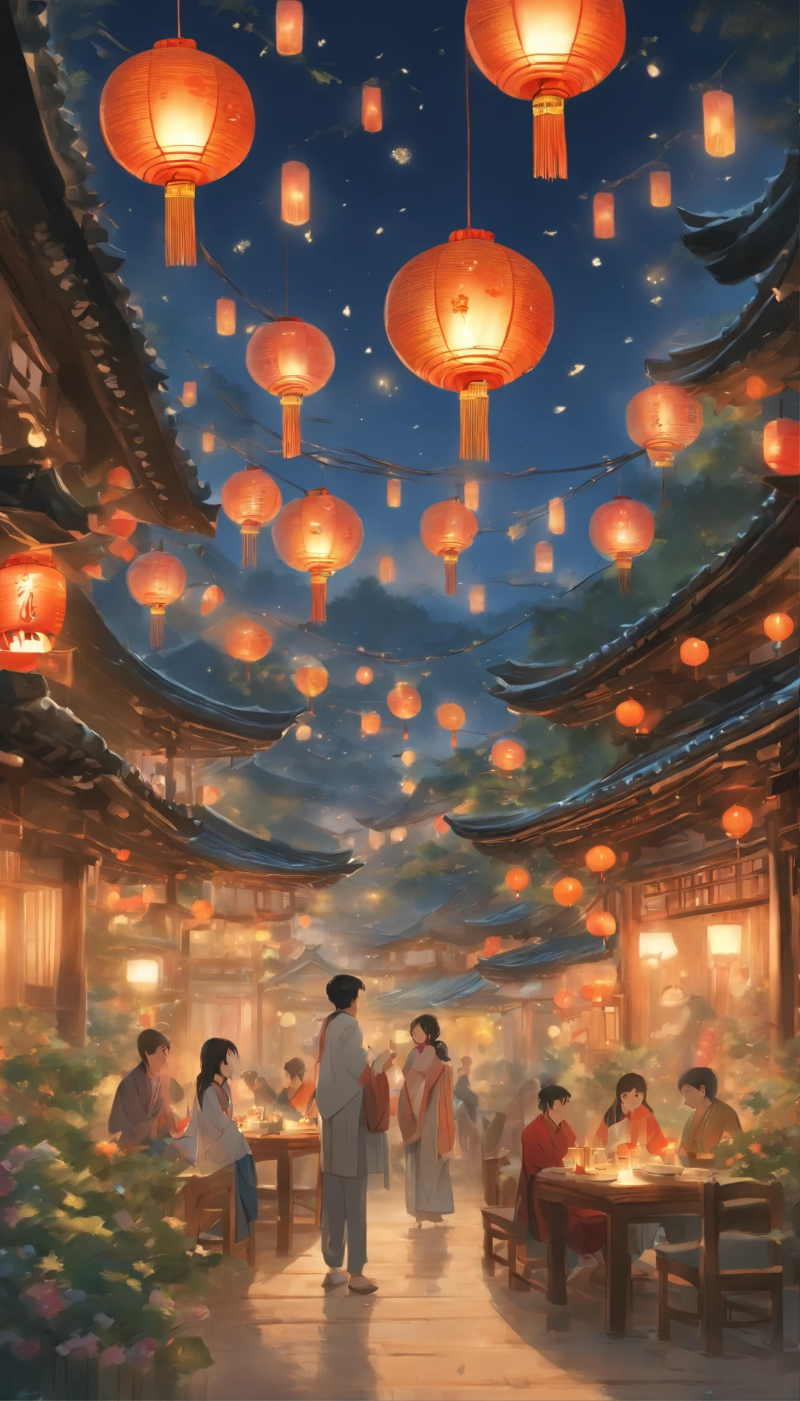 The family sits together, Enjoy a festive dinner, Surrounded by a warm and comfortable atmosphere. The room was beautifully decorated,Equipped with lanterns, Symbolizes the joy of the Mid-Autumn Festival. The table is filled with a variety of delicacies, Includes traditional mooncakes. Moonlight shone through the windows, Cast a soft glow on everyone's face. The family laughed and chatted, Express their love and happiness on this special occasion. The artwork is created with the finest materials, Such as oil painting or high-resolution digital rendering, Ensure the highest quality and detail. The colors are vivid and vibrant, Create visually stunning representations for holiday celebrations. Well-designed lighting, Focus on capturing the warm and tranquil atmosphere of the evening. The artwork is a masterpiece, With ultra-fine elements and realism, Photorealistic style. The moon in the night sky is depicted as a perfect circle, Represents the full moon of the Mid-Autumn Festival. The scene was full of fun, Love, and togetherness, Capture the essence of the festival.You can see the round moon hanging high