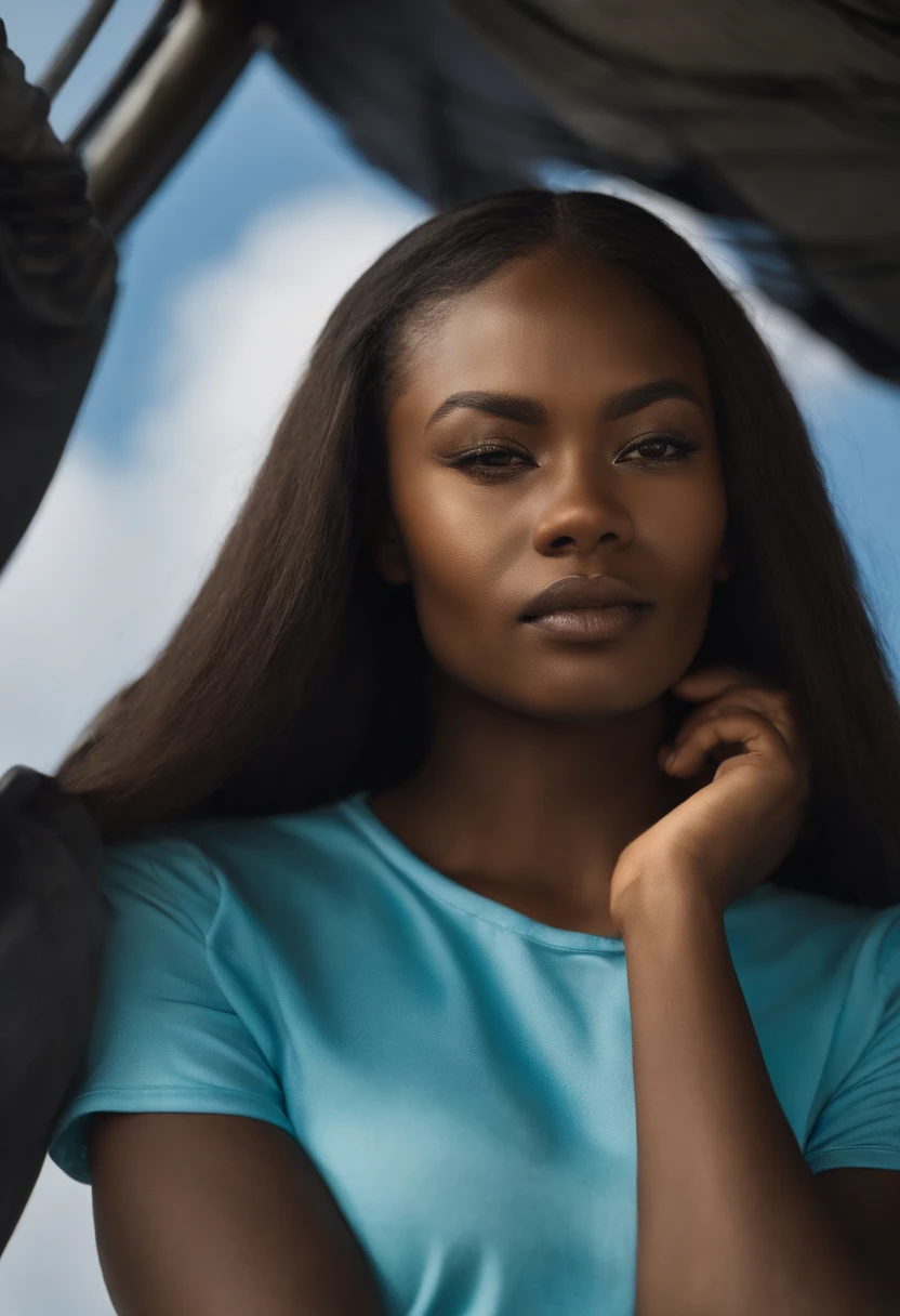 1black African girl , blonde hair, blue skies, Gargantilha, Clouds on blue cazaco , Cloudy sky, condensation trail, dia, eyebrows visible through hair, olhos verdes, cabelos longos, colar, ao ar livre, camisa, Fechaduras laterais, heaven, sozinho,, Caudas duplas, Minami_Yamamoto, de pele negro moreno afro .
