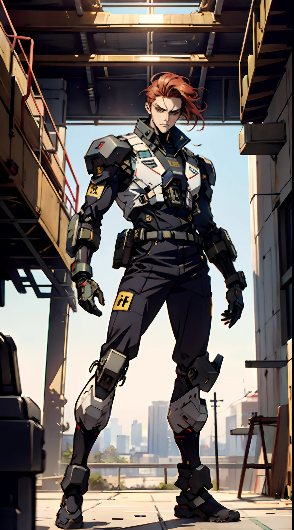 A man with short red-gold hair, hair slicked back, thick and disheveled hair, a cold and ruthless gaze, a confident expression, wears a two-piece futuristic military-style uniform, primarily in shades of white and red, accented by touches of yellow, streamlined wristguard gloves, matching trousers, he stands in a futuristic sci-fi-style hangar housing a colossal mech, stands within a futuristic sci-fi hangar, where a colossal mech is stationed, this character embodies a finely crafted futuristic military officer in anime style, characterized by an exquisite and mature manga illustration art style, high definition, best quality, highres, ultra-detailed, ultra-fine painting, extremely delicate, professional, anatomically correct, symmetrical face, extremely detailed eyes and face, high quality eyes, creativity, RAW photo, UHD, 8k, Natural light, cinematic lighting, masterpiece:1.5