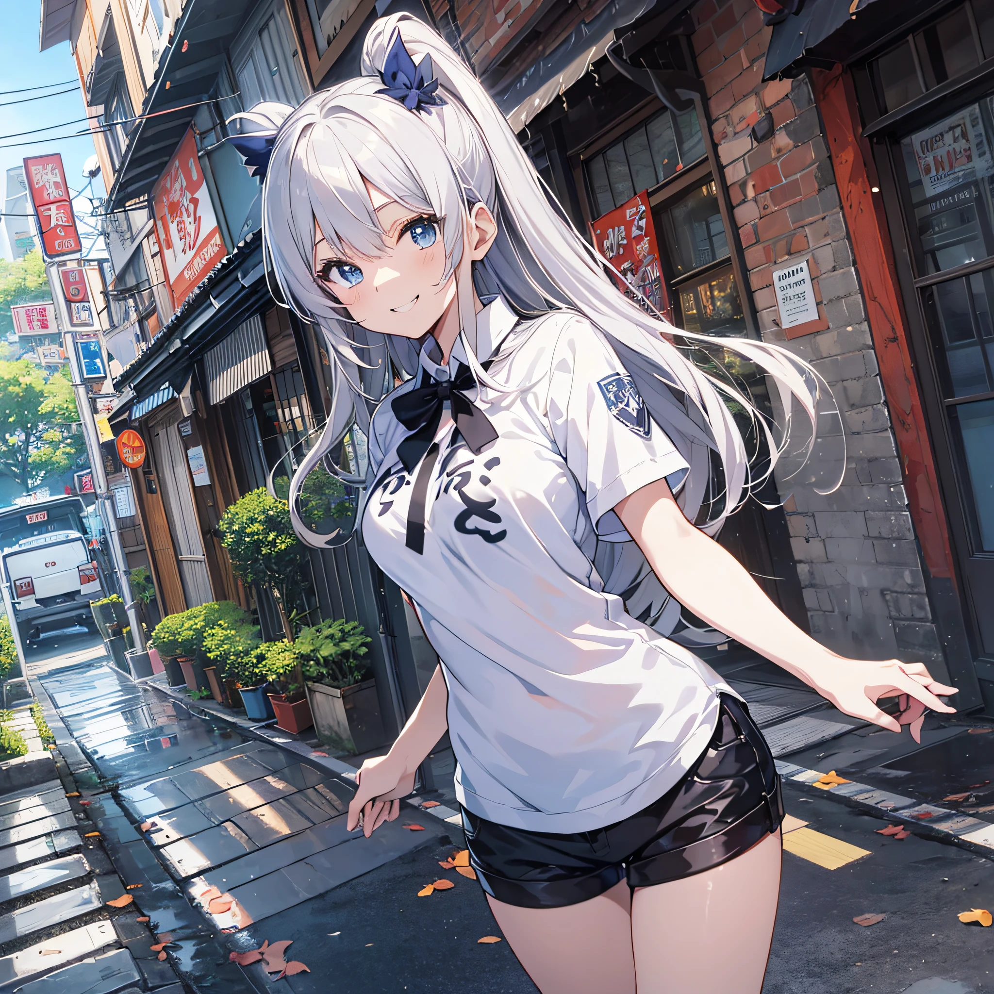 ((top-quality、8K、masutepiece))Anime characters with long gray hair and blue eyes、anime visual of a young woman、Today's featured anime stills、white haired god、Official art、Anime visuals of cute girls、popular isekai anime、Tsuaii、Marisa Drizzle、Animated Movies、Still from TV anime、in isekai、hestia、albedo from the anime overlord　Transparency　１６age　No ears　Short pants　Blanc　tshirts　Japan townscape　a smile
