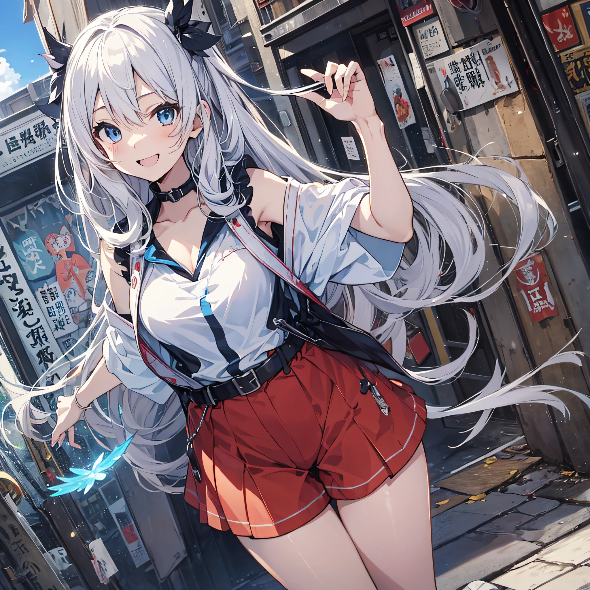 ((top-quality、8K、masutepiece))Anime characters with long gray hair and blue eyes、anime visual of a young woman、Today's featured anime stills、white haired god、Official art、Anime visuals of cute girls、popular isekai anime、Tsuaii、Marisa Drizzle、Animated Movies、Still from TV anime、in isekai、hestia、albedo from the anime overlord Transparency 16age No ears Short pants Blanc tshirts Japan townscape a smile