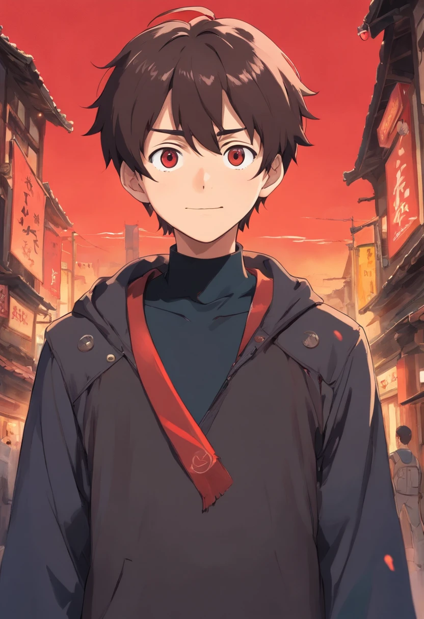A young man of 16 years with medium hair up to his neck messy black with a white bangs ,Iris and pupil of the eyes completely red ,uma blusa preta simples com casaco estilo motoqueiro preto com detalhes nas mangas em vermelho ,a black military-style medium glove with red border ,a face with a serious smile and a look of contempt