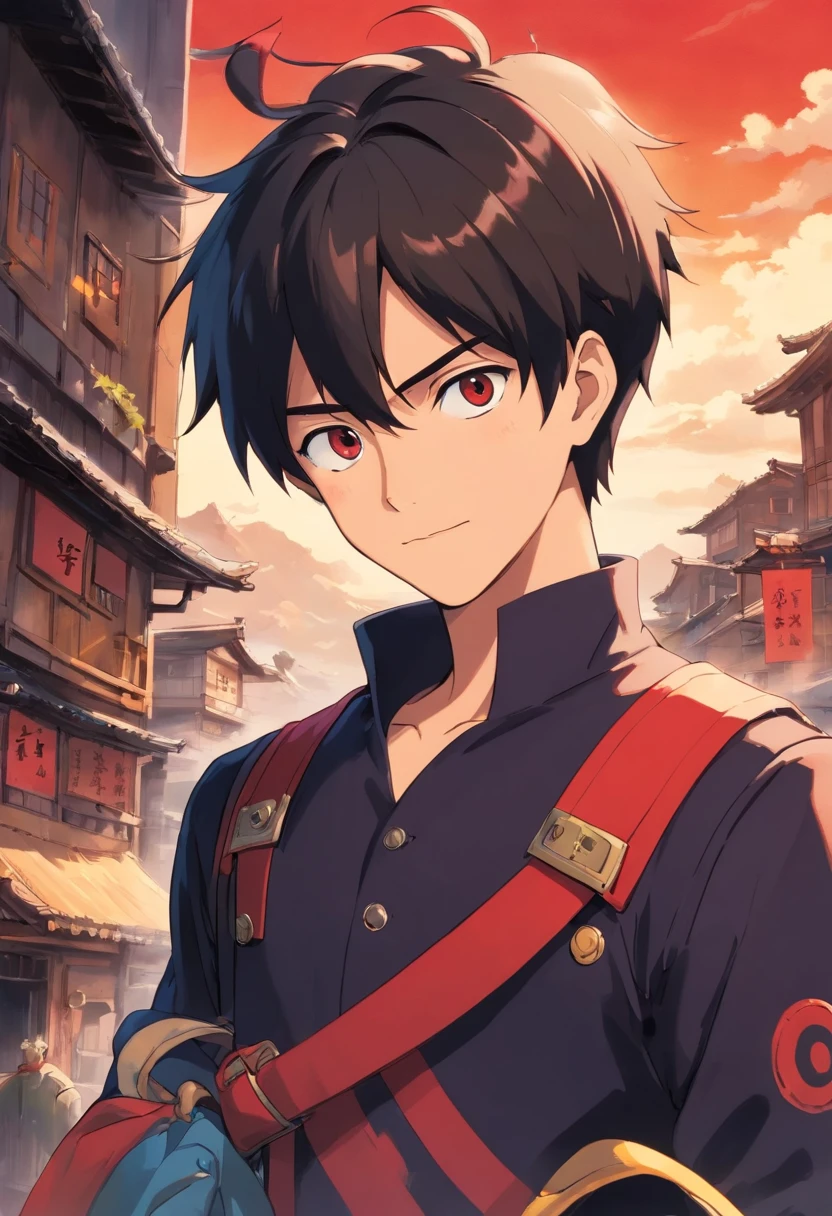 A young man of with medium hair up to his neck messy black with a white bangs ,Iris and pupil of the eyes completely red ,uma blusa preta simples com casaco estilo motoqueiro preto com detalhes nas mangas em vermelho ,a black military-style medium glove with red border ,a face with a serious smile and a look of contempt