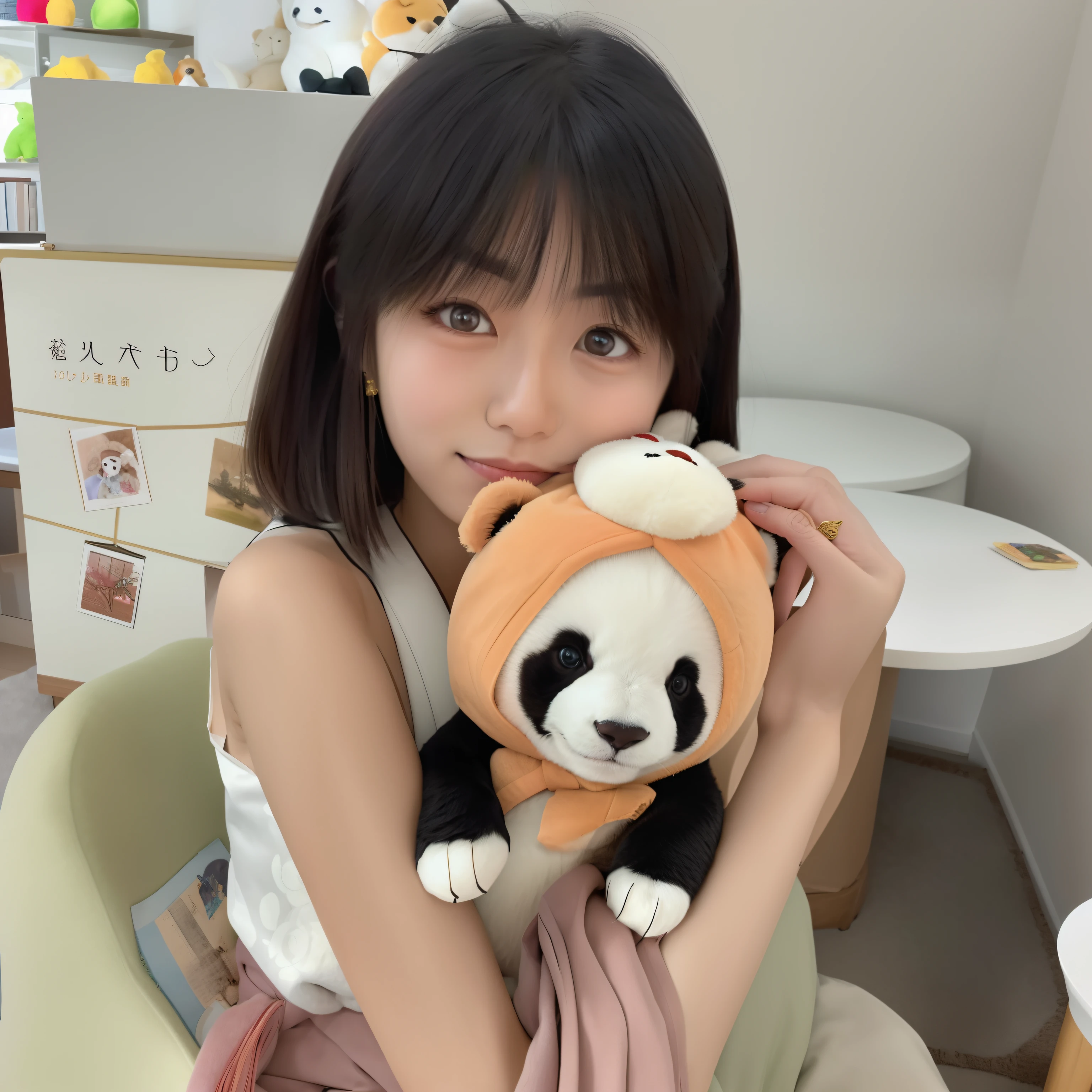 A scene with Alafi sitting on a chair in a room, cuddling a plush toy. The plush toy is cute and fluffy. The room is cozy and has a peaceful atmosphere. There is a Sha Xi tea set on a table nearby, adding to the tranquil ambiance. The plush toy is a teddy bear with a playful expression and soft fur. Alafi is a girl with long, flowing hair and a gentle smile. She is wearing a traditional Japanese kimono and her eyes are bright and expressive. Next to Alafi, there is a book titled "480 Pages" by Chen Lu Lu and Wu Xi Xuan. The book is filled with beautiful illustrations and intricate details. Alafi is immersed in reading the book, captivated by the enchanting story. The room is adorned with posters and merchandise of the adorable panda character, a beloved mascot. The lighting in the room is soft and warm, casting a gentle glow on the surroundings. The colors in the scene are vibrant and harmonious, creating a visually pleasing composition. The overall image should have the best quality, with ultra-detailed elements and a photo-realistic aesthetic.