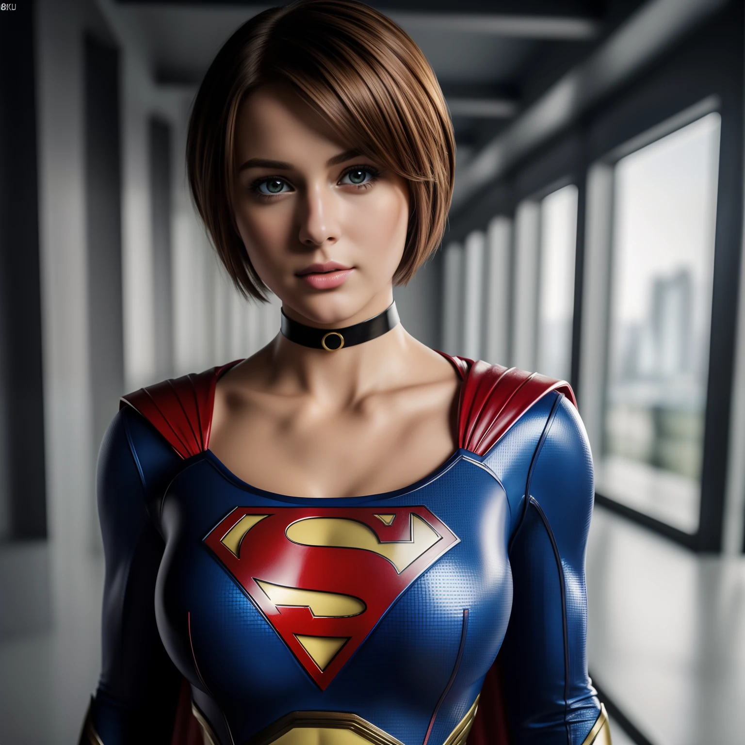 (best quality,4k,8k,highres,masterpiece:1.2),ultra-detailed,(realistic,photorealistic,photo-realistic:1.37),supergirl with short hair, big chest, looking at the camera, glossy costume, choker, very short mini skirt, magazine cover, pose