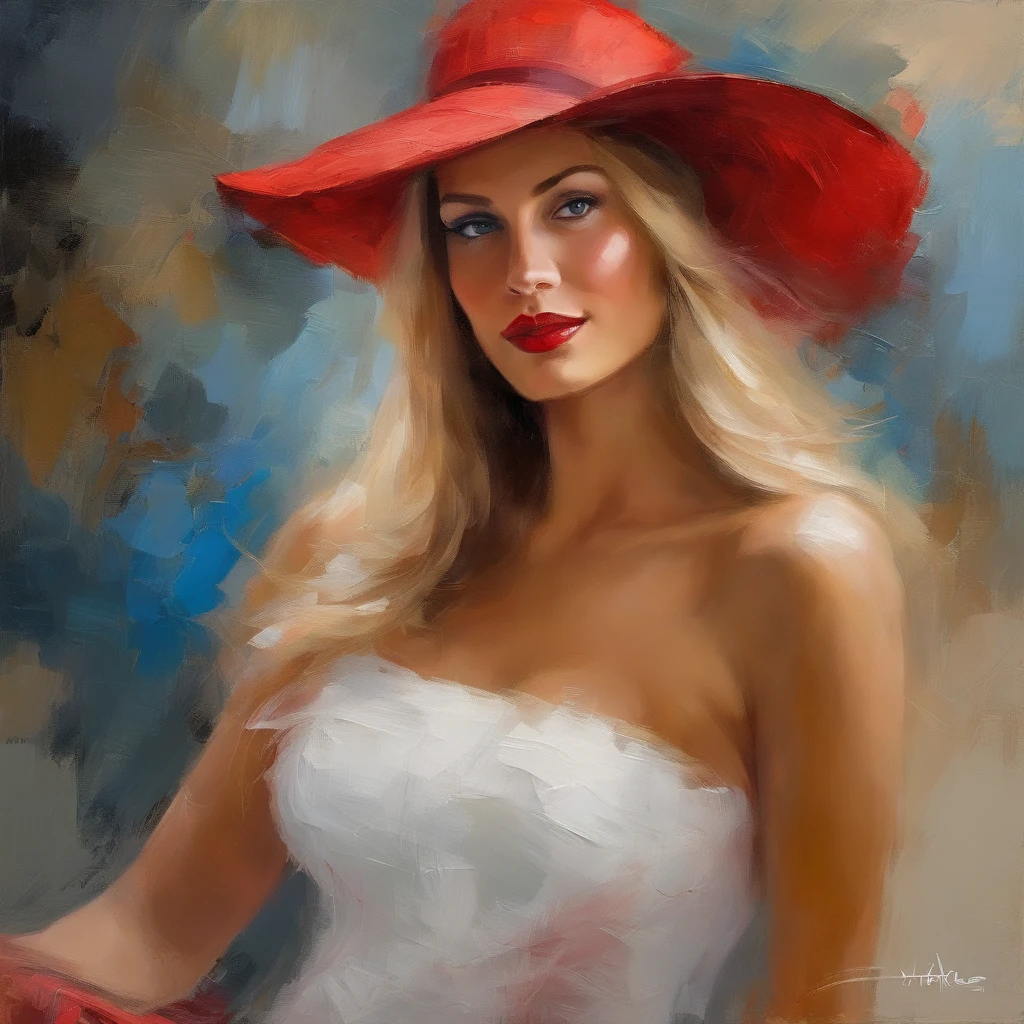painting of a woman with a red hat and white dress, long blond hair, eyes looking at the camera, elegant digital painting, beautiful portrait acrylic painting, wlop painting style, digital art oil painting, gorgeous digital painting, in style of wlop, beautiful character painting, fine art portrait painting, epic background, beautiful art uhd 4 k.