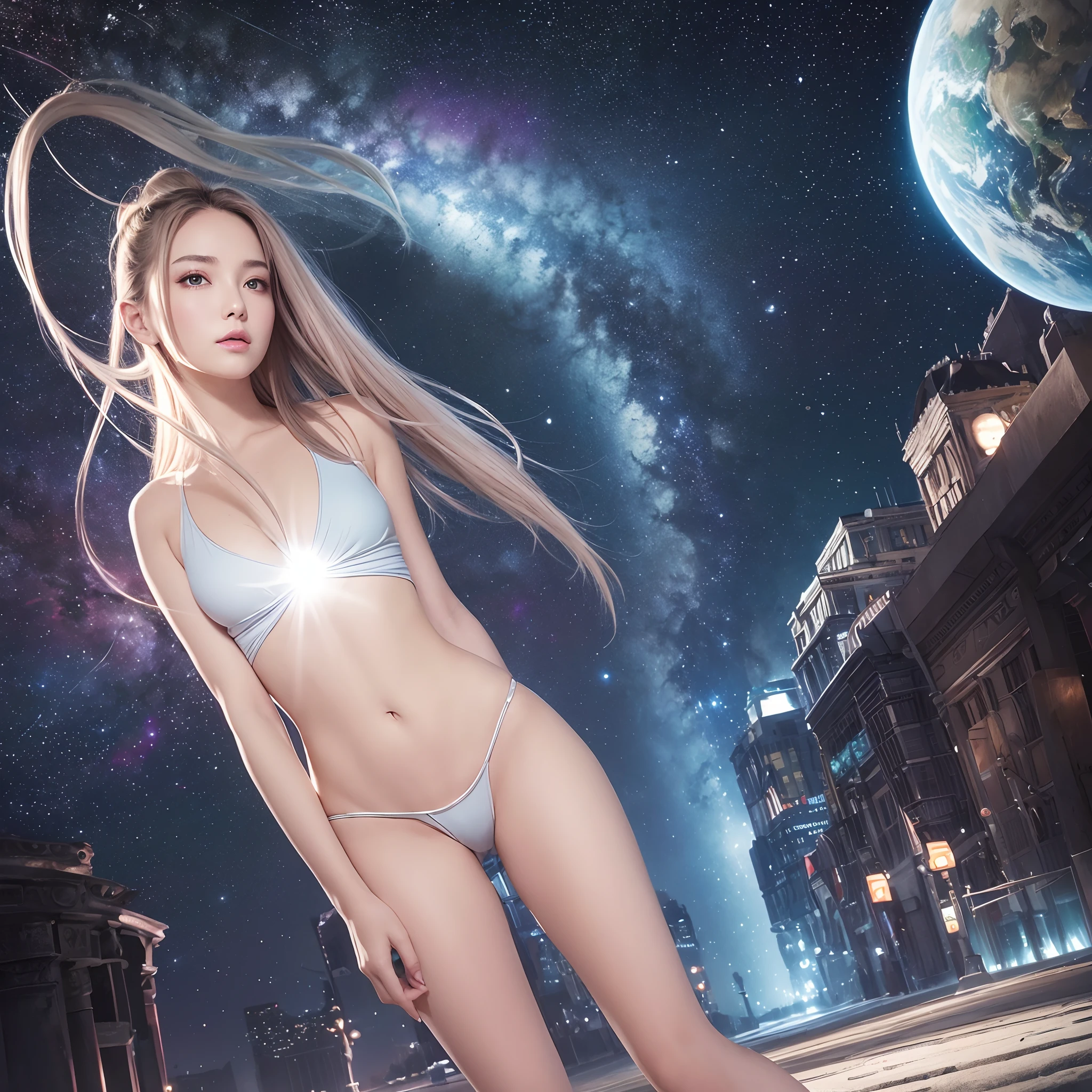 ​masterpiece、(top-quality)、8k、silber hair、Pale shining eyes、Beautiful fece:1.3、well-proportioned figure、Looking up、cosmic space、planetes、spaceships、(wide angles)、Neon-like、surrealism