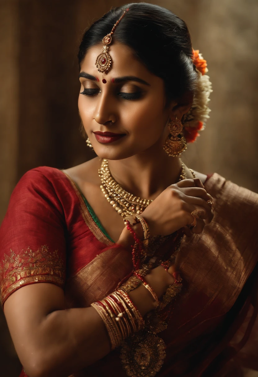 (best quality,4k,highres,masterpiece:1.2),ultra-detailed,realistic,photorealistic:1.37,traditional Indian dancer woman,horrifying atmosphere,painting on the wall,eerie cobwebs in the room,rich cultural heritage,expressive facial features,bright and colorful ethnic attire,detailed hand gestures,hair adorned with flowers and traditional jewelry,haunting and unsettling background,subtle plays of light and shadow,traditional music in the air,emphasizing the dancer's graceful and powerful movements,dramatic expression of emotions,reference to traditional Indian dance forms like Bharatanatyam or Kathak,sculptural poses and body language,ominous color palette with deep reds, dark blues, and smoky blacks,cyanotype or sepia tint for a vintage effect.