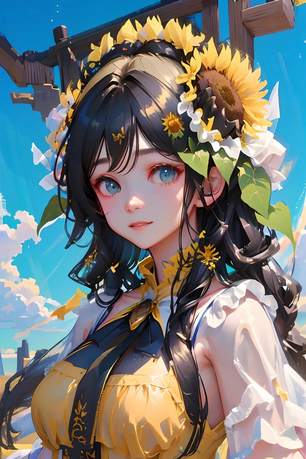 tmasterpiece, high high quality, cinematic Film still from,one-girl,Sunflowers are worn on the head,Cloud Girl, Clouds,(oil painted), brightly, cheerfulness, intriguing, gentlesoftlighting, (bauhause, Shape, lineworks, abstracted: 1.1),